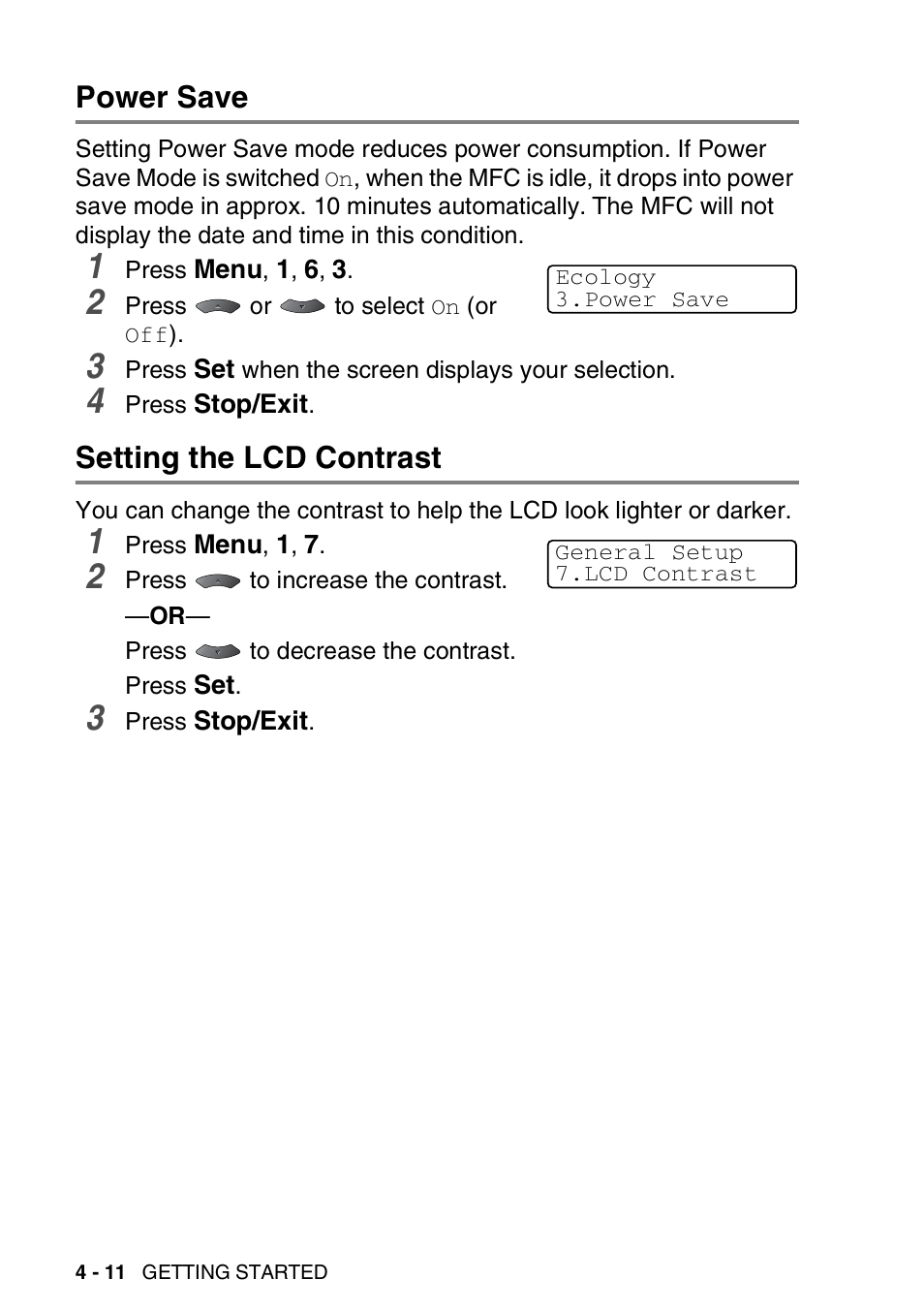 Power save, Setting the lcd contrast, Power save -11 setting the lcd contrast -11 | Brother MFC 8220 User Manual | Page 66 / 203