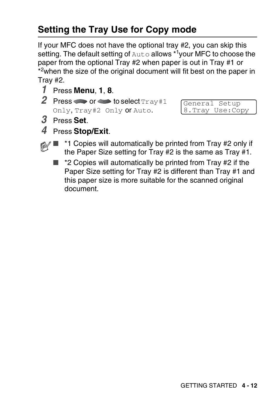 Setting the tray use for copy mode, Setting the tray use for copy mode -12 | Brother MFC 8220 User Manual | Page 67 / 203