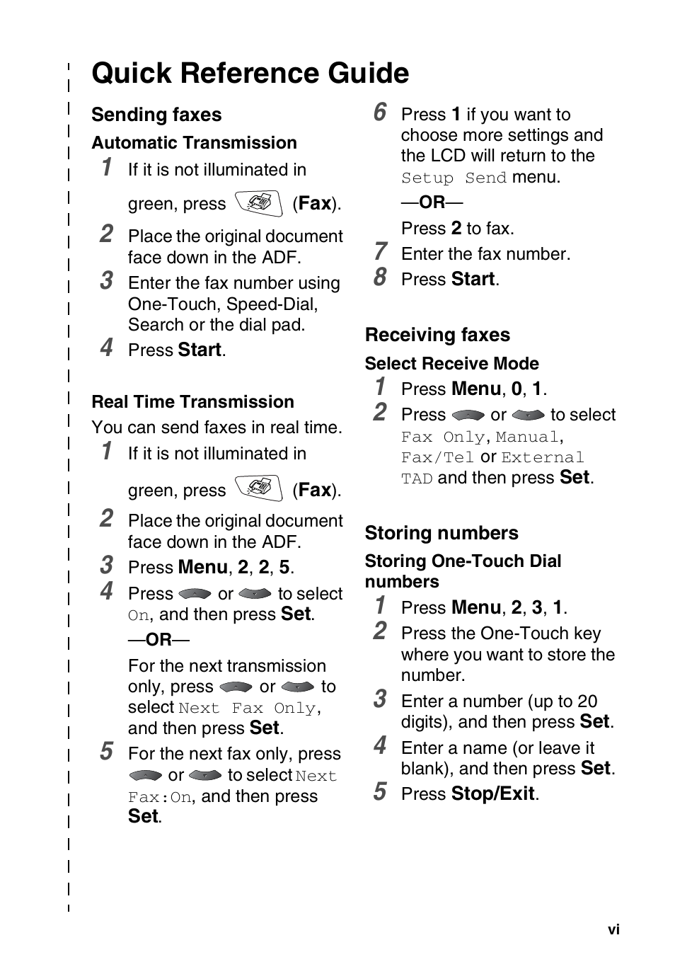 Quick reference guide, Sending faxes, Receiving faxes | Storing numbers | Brother MFC 8220 User Manual | Page 7 / 203