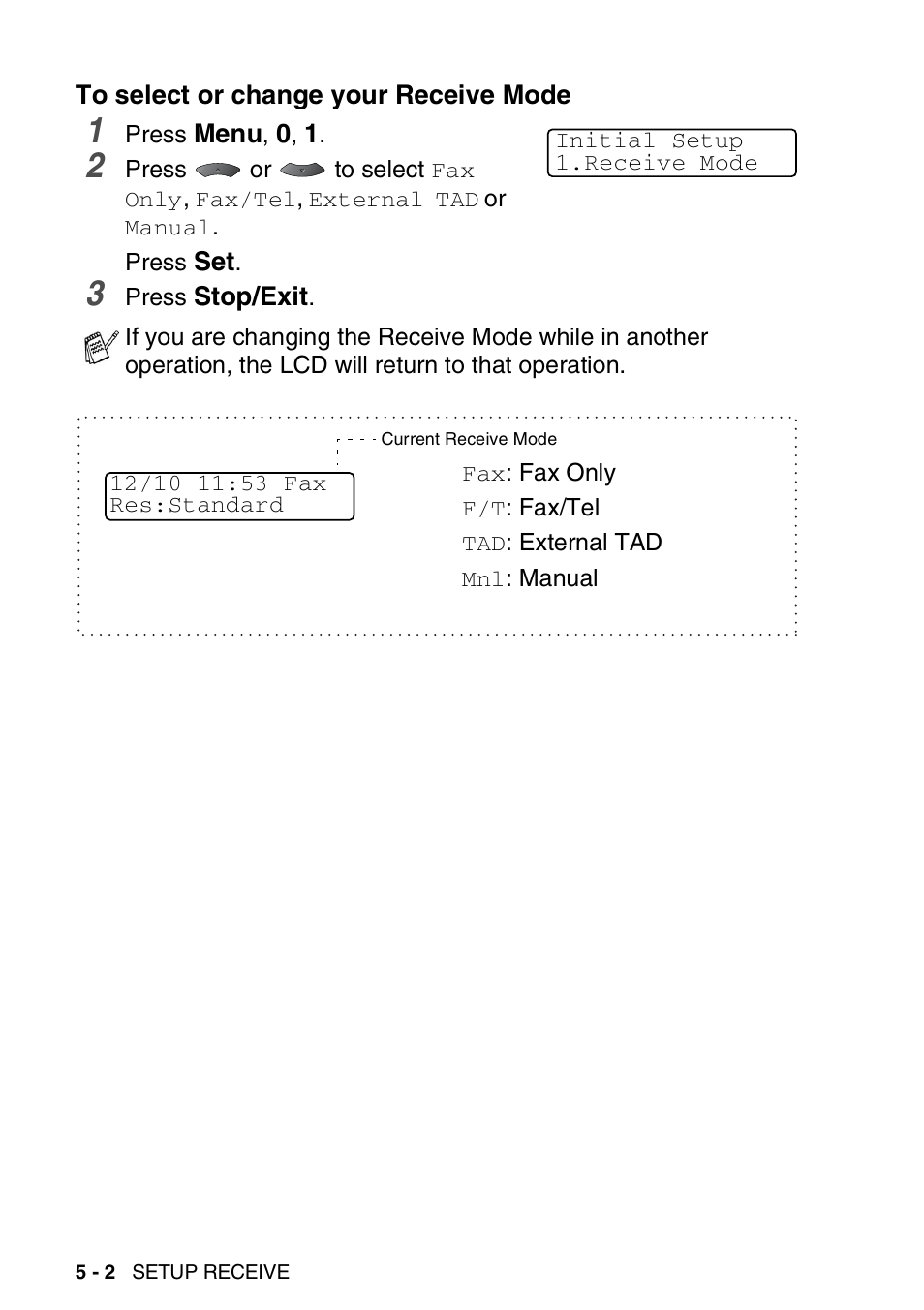 To select or change your receive mode, To select or change your receive mode -2 | Brother MFC 8220 User Manual | Page 70 / 203