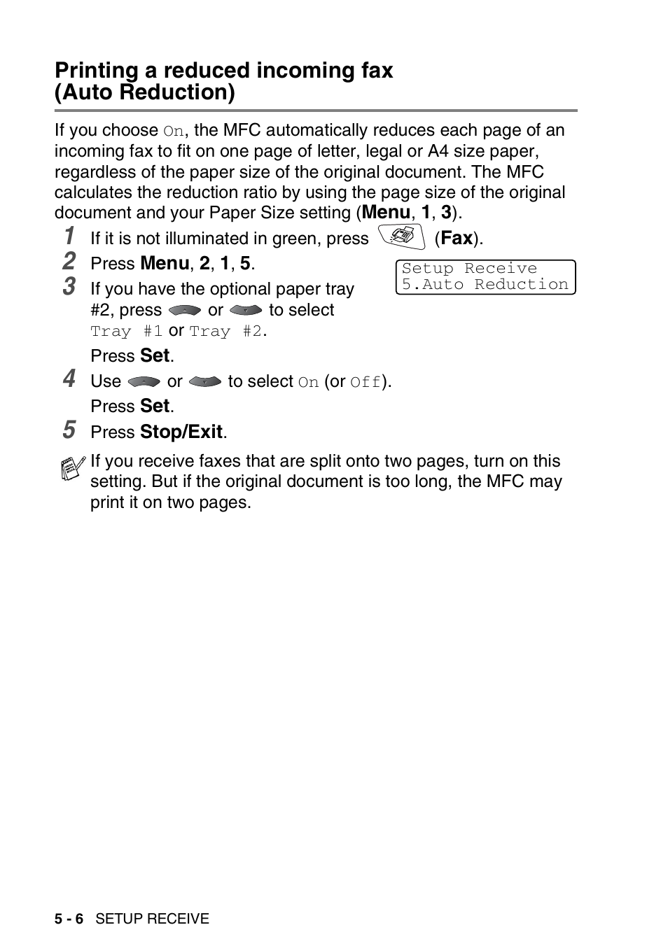 Printing a reduced incoming fax (auto reduction), Printing a reduced incoming fax, Auto reduction) -6 | Brother MFC 8220 User Manual | Page 74 / 203