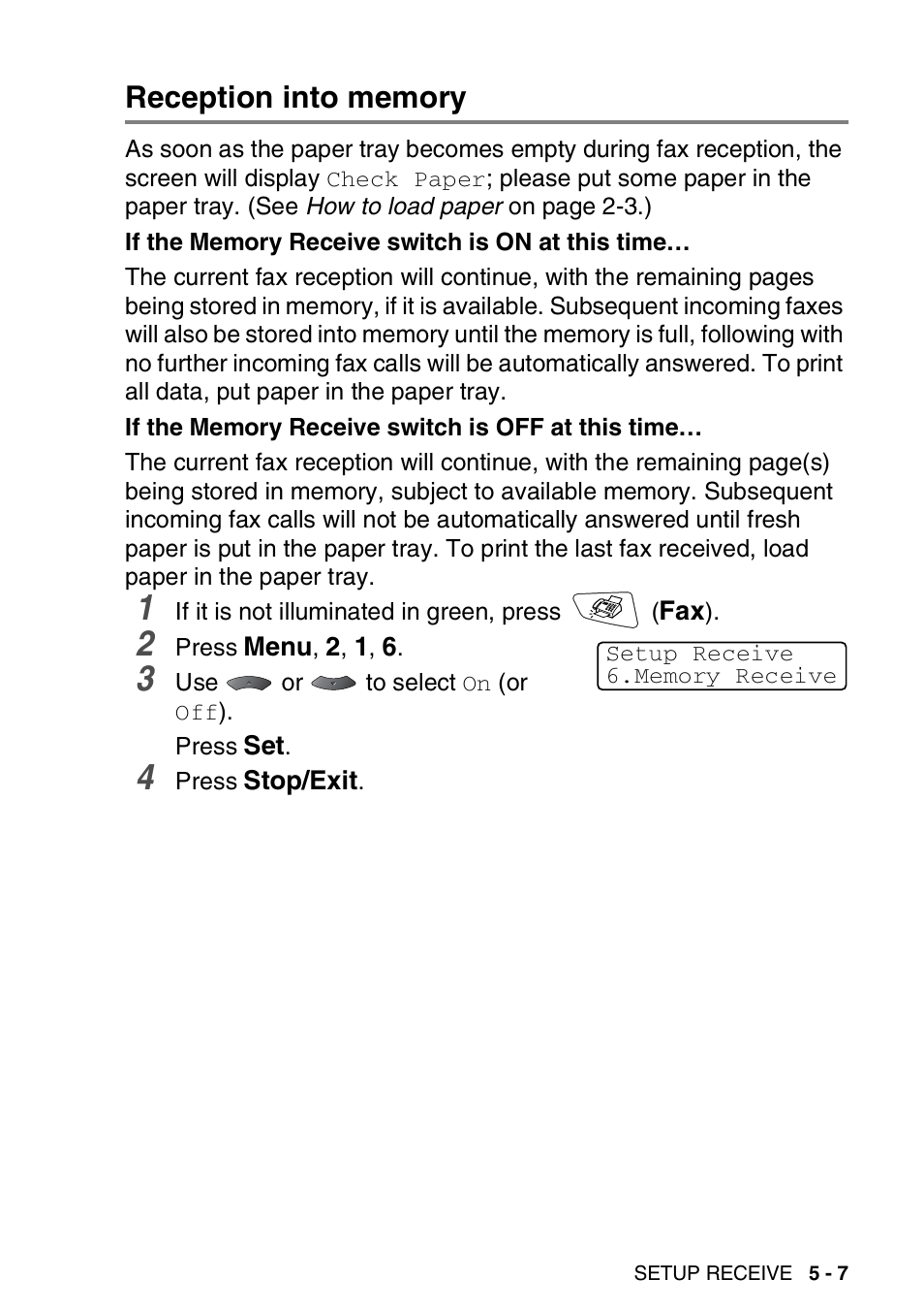 Reception into memory, Reception into memory -7 | Brother MFC 8220 User Manual | Page 75 / 203