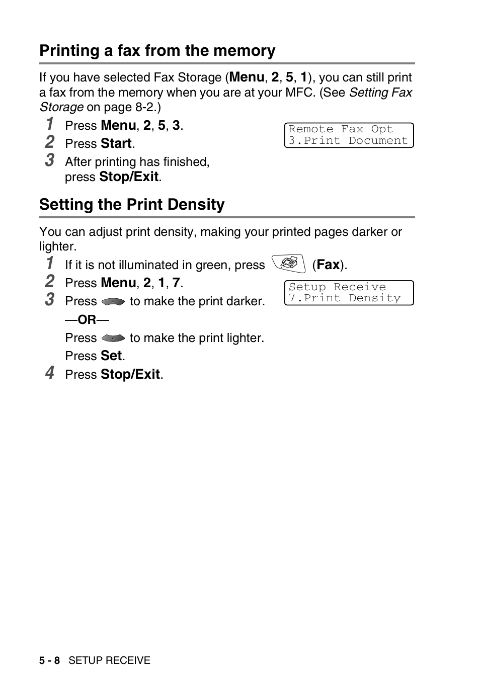 Printing a fax from the memory, Setting the print density | Brother MFC 8220 User Manual | Page 76 / 203
