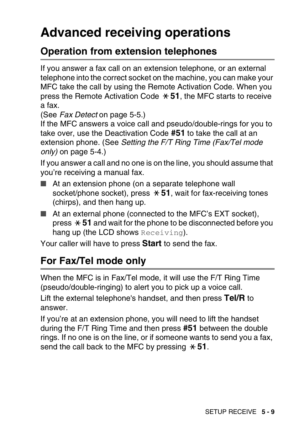 Advanced receiving operations, Operation from extension telephones, For fax/tel mode only | Advanced receiving operations -9 | Brother MFC 8220 User Manual | Page 77 / 203