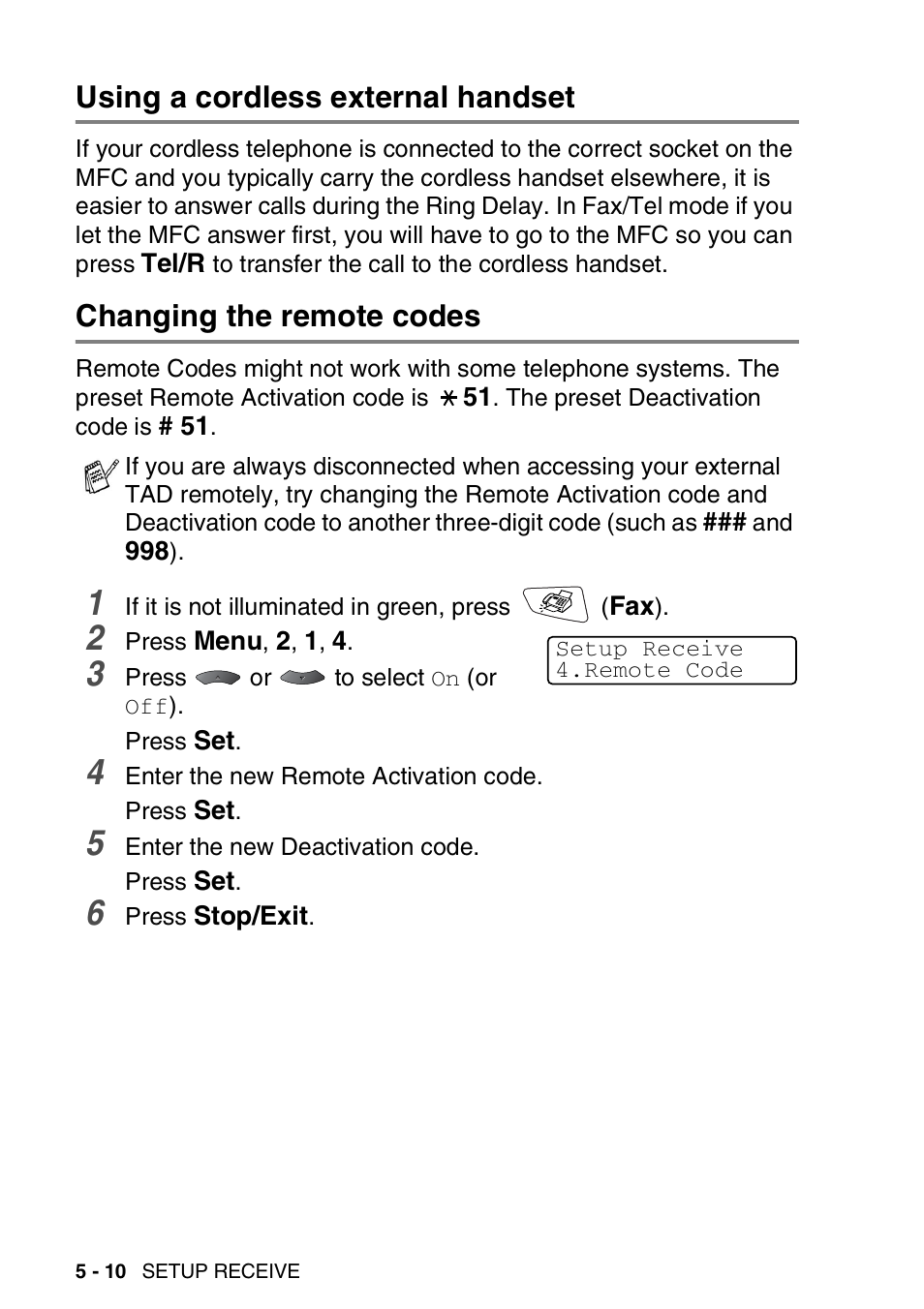 Using a cordless external handset, Changing the remote codes, Using a cordless external handset -10 | Changing the remote codes -10 | Brother MFC 8220 User Manual | Page 78 / 203