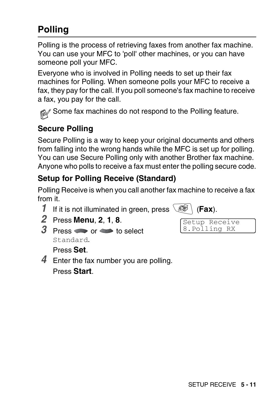 Polling, Secure polling, Setup for polling receive (standard) | Polling -11 | Brother MFC 8220 User Manual | Page 79 / 203