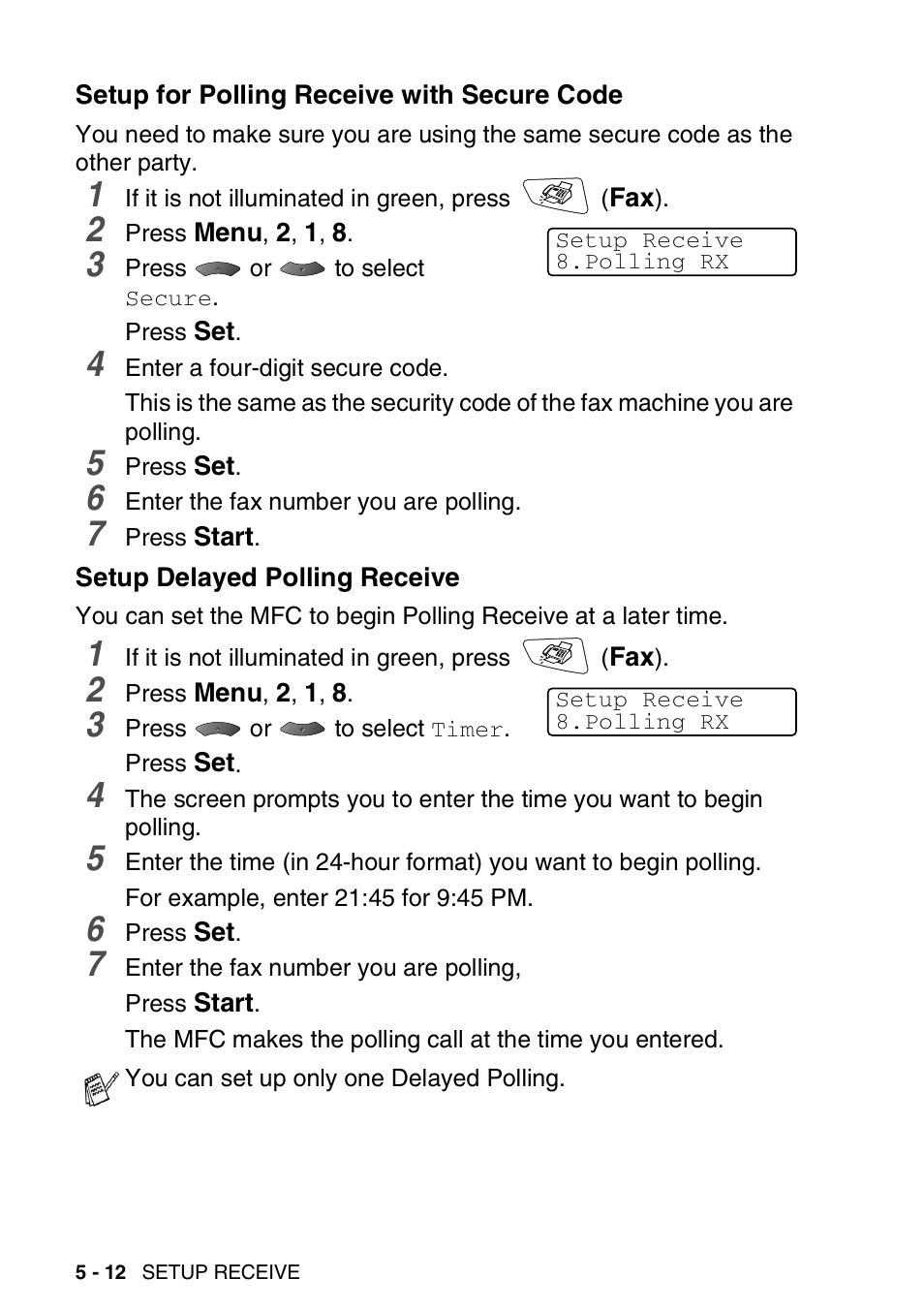 Setup for polling receive with secure code, Setup delayed polling receive | Brother MFC 8220 User Manual | Page 80 / 203