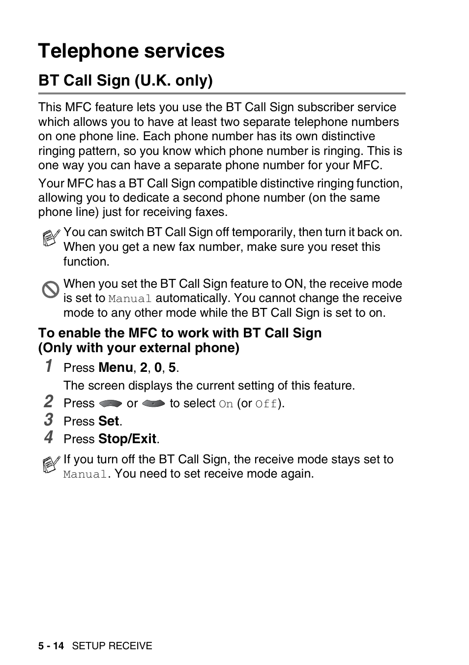 Telephone services, Bt call sign (u.k. only), Telephone services -14 | Bt call sign (u.k. only) -14, To enable the mfc to work with bt call sign, Only with your external phone) -14 | Brother MFC 8220 User Manual | Page 82 / 203