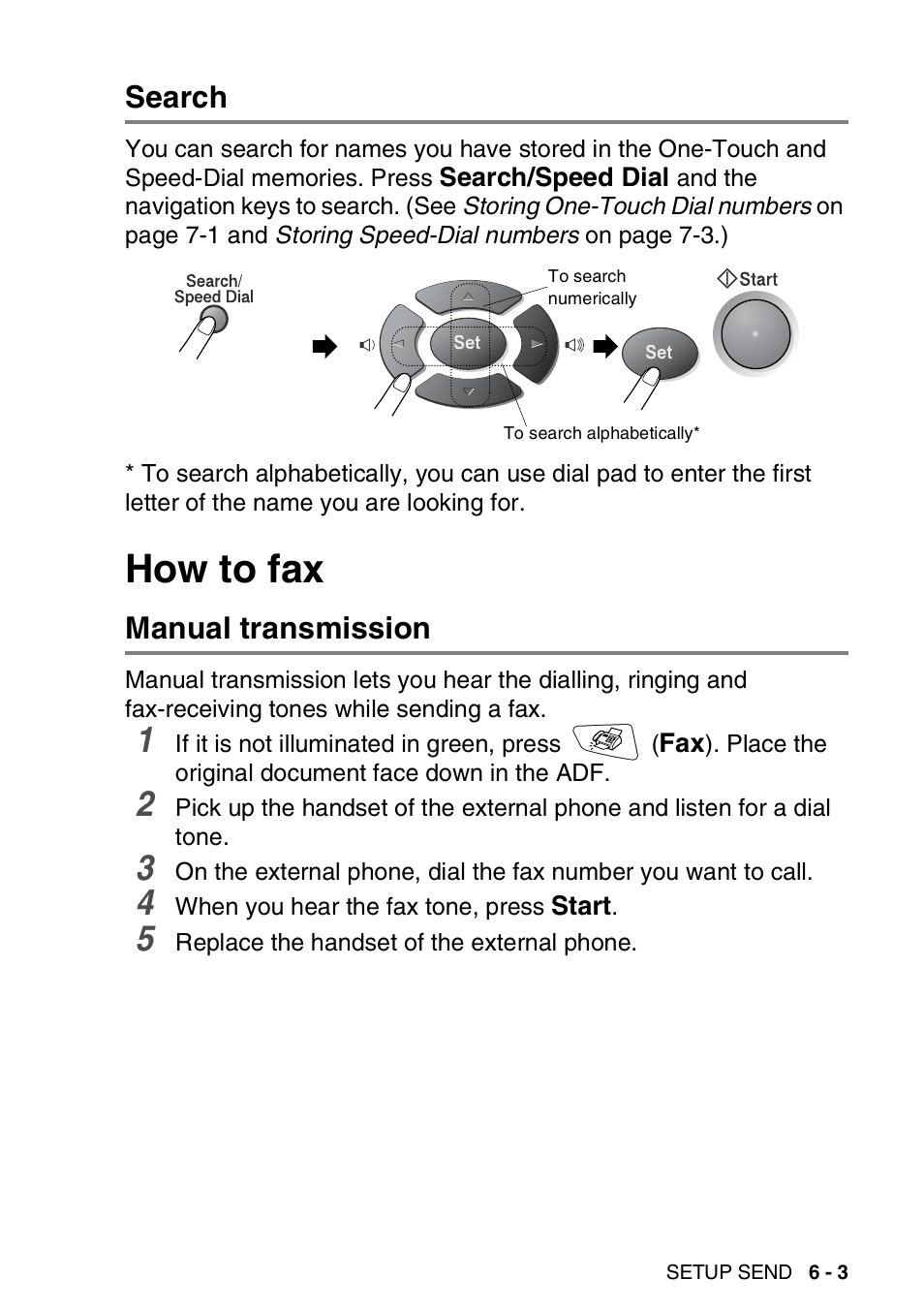 Search, How to fax, Manual transmission | Search -3, How to fax -3, Manual transmission -3 | Brother MFC 8220 User Manual | Page 85 / 203