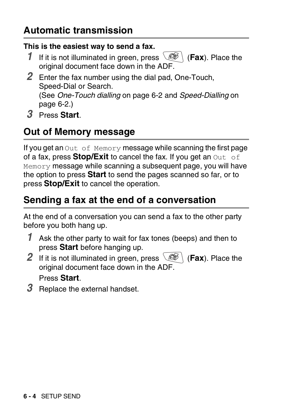 Automatic transmission, Out of memory message, Sending a fax at the end of a conversation | Brother MFC 8220 User Manual | Page 86 / 203