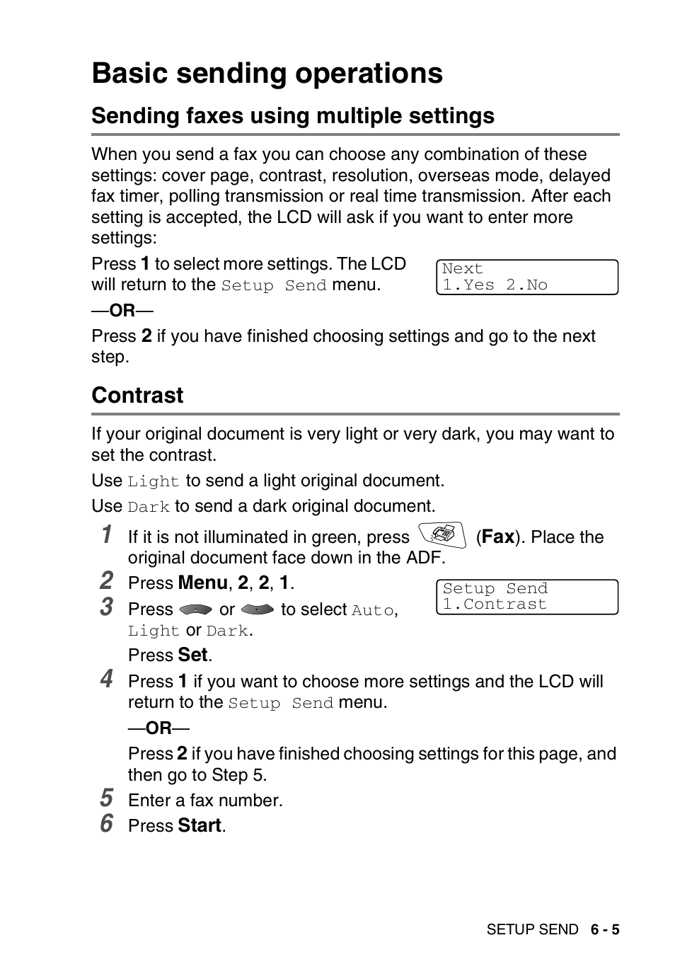 Basic sending operations, Sending faxes using multiple settings, Contrast | Basic sending operations -5 | Brother MFC 8220 User Manual | Page 87 / 203