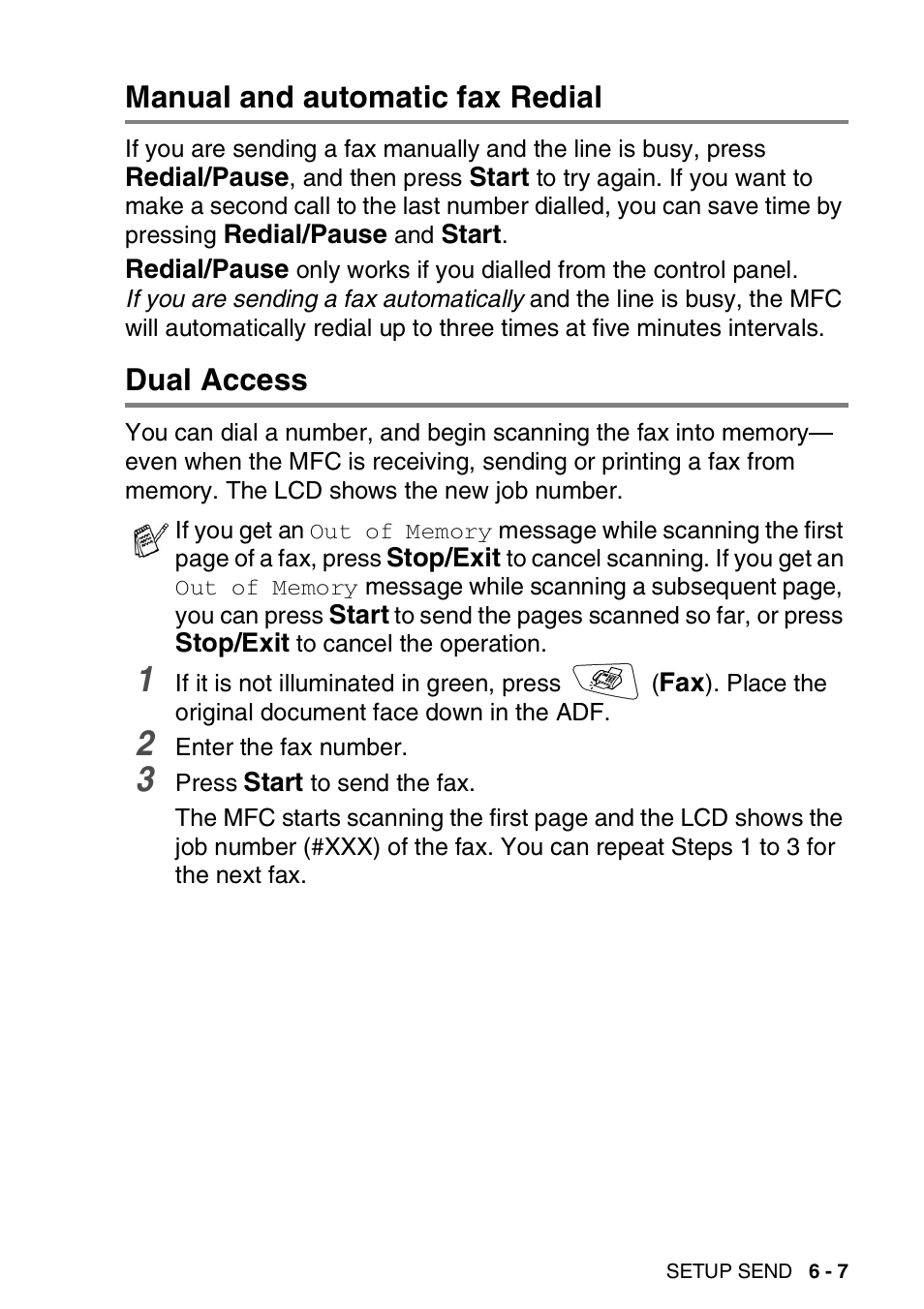 Manual and automatic fax redial, Dual access, Manual and automatic fax redial -7 dual access -7 | Brother MFC 8220 User Manual | Page 89 / 203