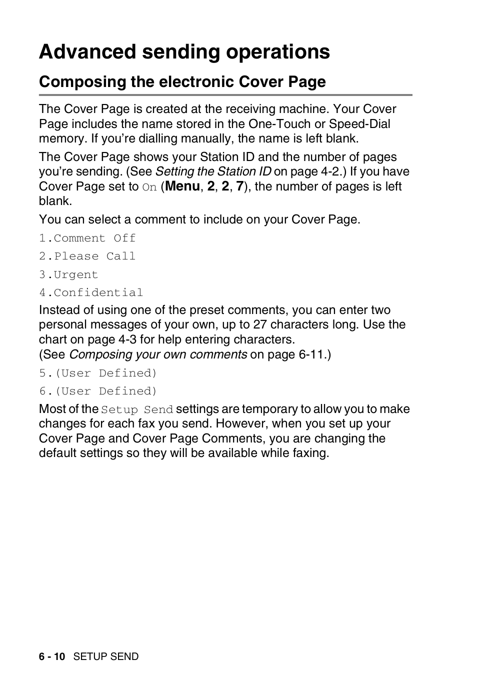 Advanced sending operations, Advanced sending operations -10, Composing the electronic cover page | Brother MFC 8220 User Manual | Page 92 / 203