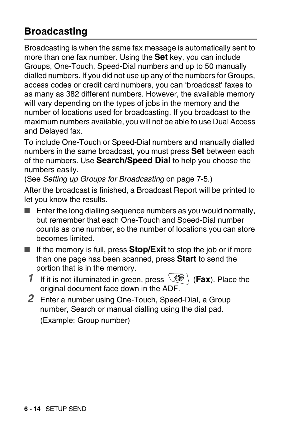 Broadcasting, Broadcasting -14 | Brother MFC 8220 User Manual | Page 96 / 203