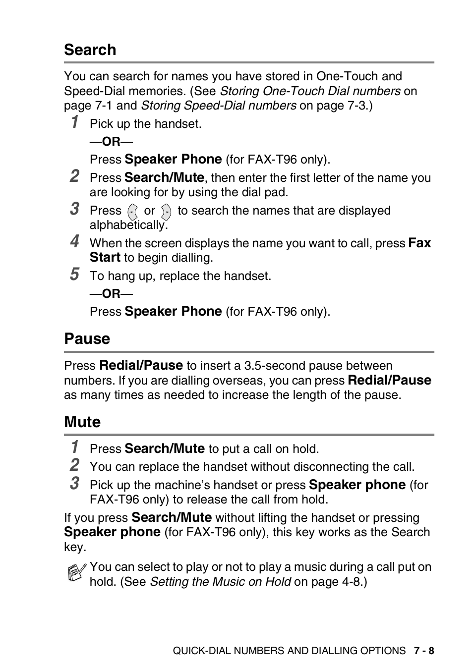 Search, Pause, Mute | Search -8 pause -8 mute -8 | Brother FAX-T94 User Manual | Page 101 / 166