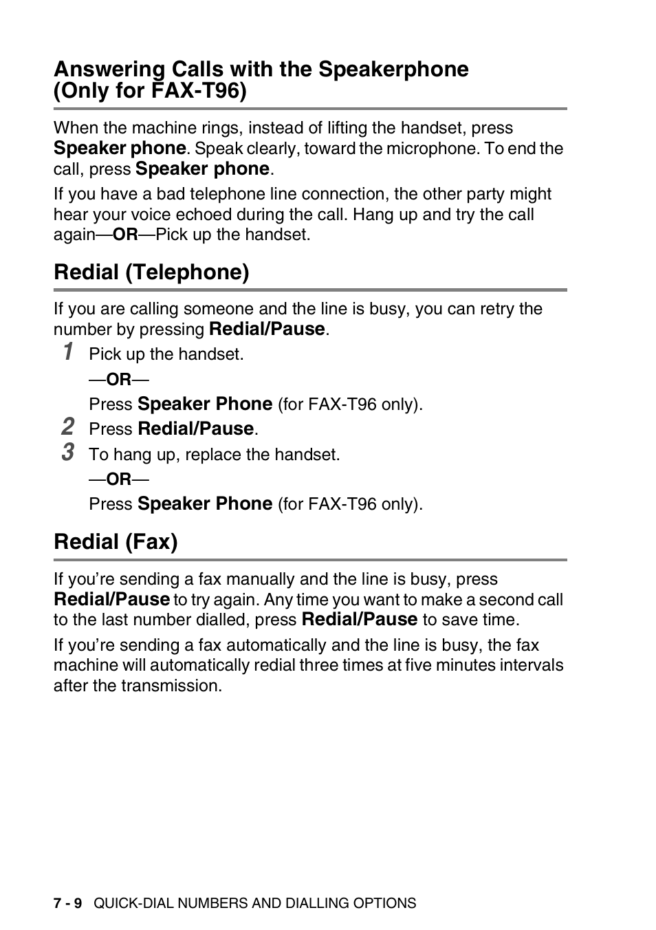 Redial (telephone), Redial (fax), Answering calls with the speakerphone | Only for fax-t96) -9, Redial (telephone) -9 redial (fax) -9 | Brother FAX-T94 User Manual | Page 102 / 166