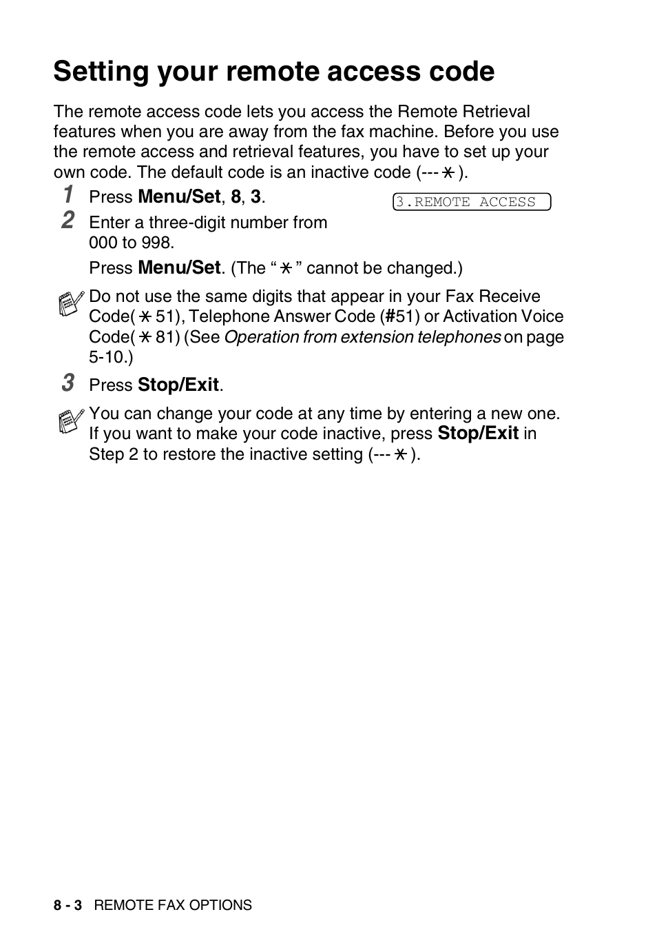 Setting your remote access code, Setting your remote access code -3 | Brother FAX-T94 User Manual | Page 106 / 166