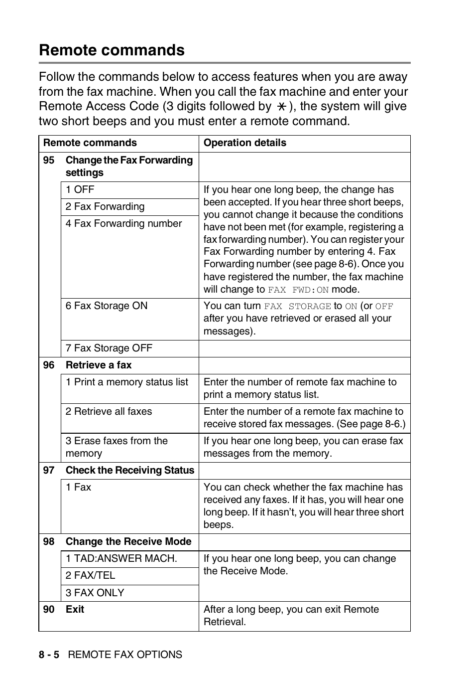 Remote commands, Remote commands -5 | Brother FAX-T94 User Manual | Page 108 / 166