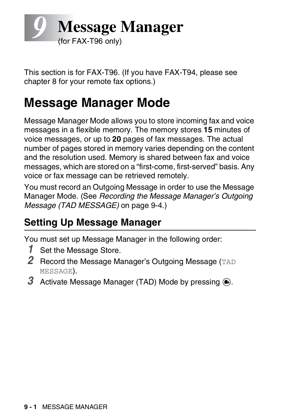 9 message manager, Message manager mode, Setting up message manager | Message manager (only for fax-t96) -1, Message manager mode -1, Setting up message manager -1, Message manager | Brother FAX-T94 User Manual | Page 110 / 166