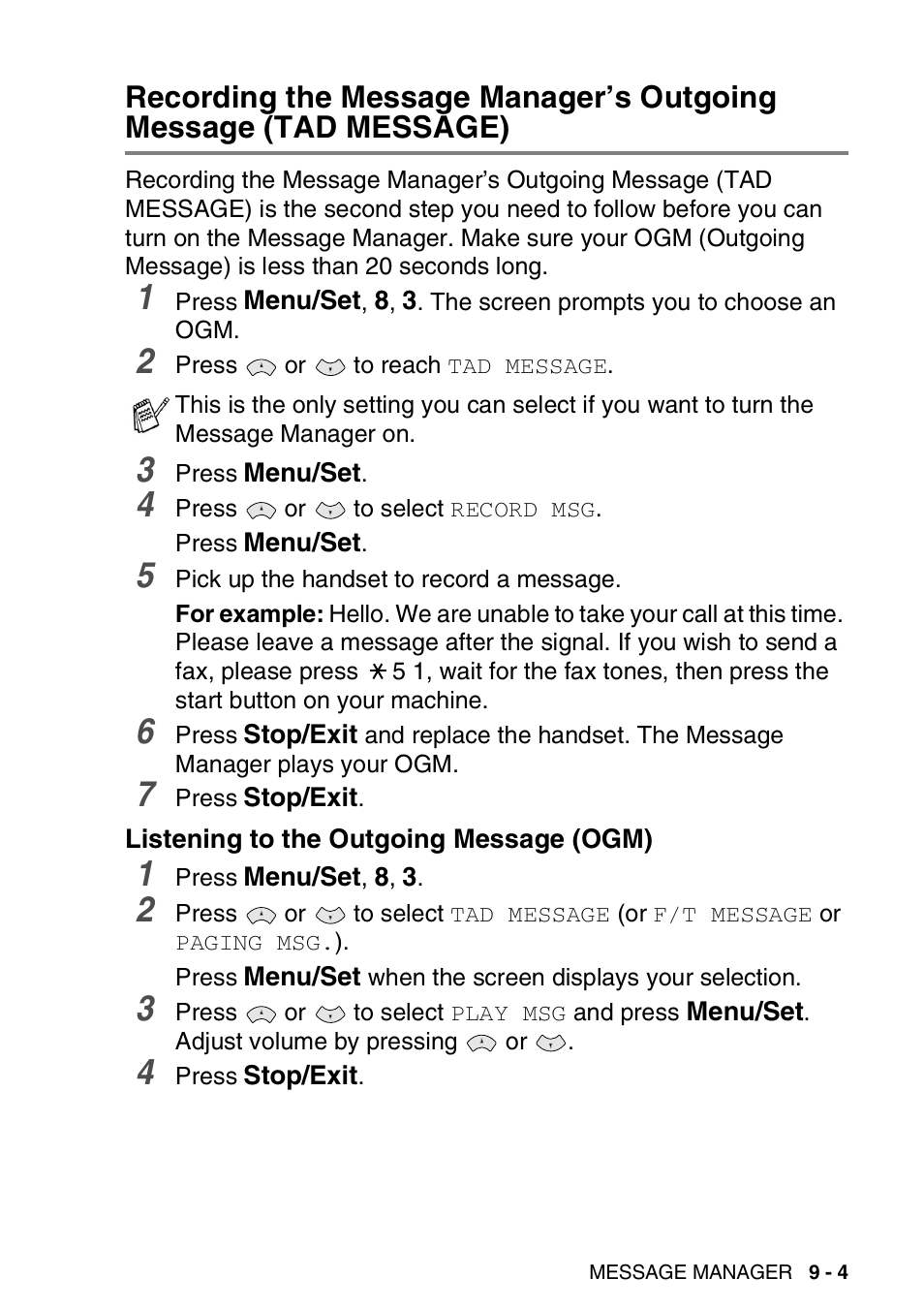 Listening to the outgoing message (ogm), Recording the message manager’s outgoing | Brother FAX-T94 User Manual | Page 113 / 166