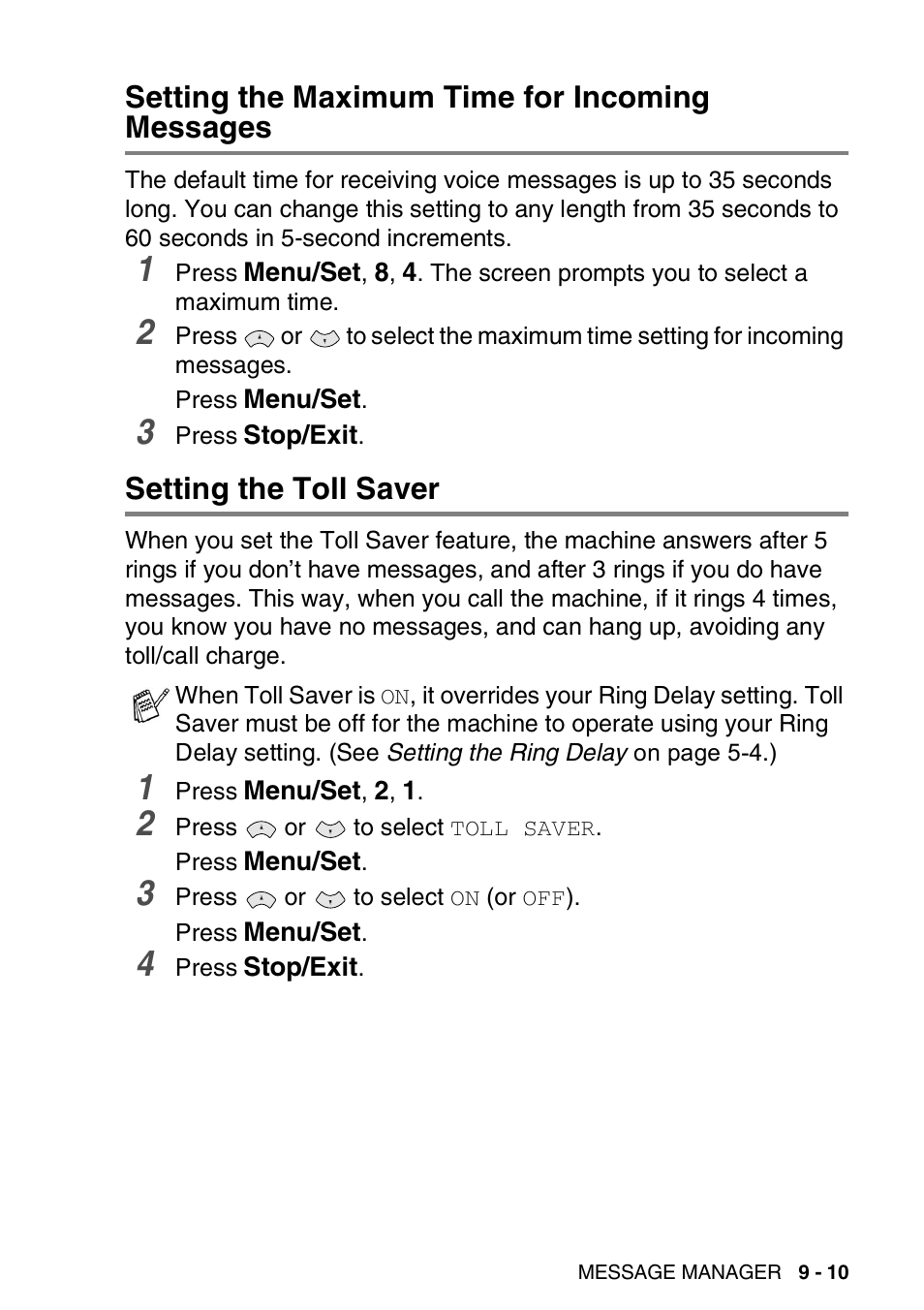 Setting the maximum time for incoming messages, Setting the toll saver | Brother FAX-T94 User Manual | Page 119 / 166