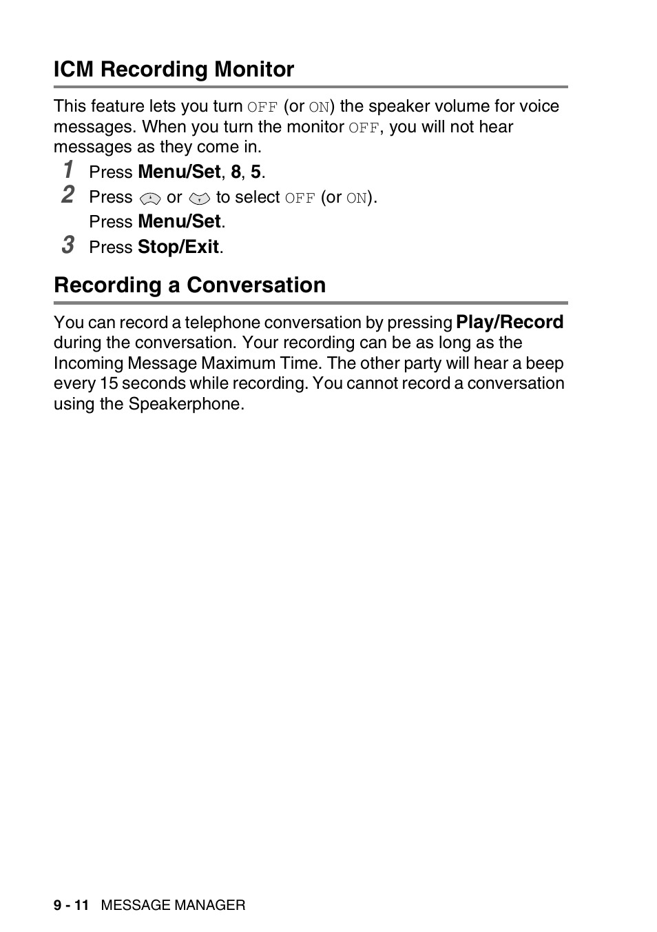 Icm recording monitor, Recording a conversation | Brother FAX-T94 User Manual | Page 120 / 166