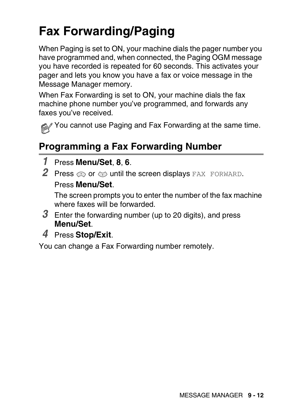 Fax forwarding/paging, Programming a fax forwarding number, Fax forwarding/paging -12 | Programming a fax forwarding number -12 | Brother FAX-T94 User Manual | Page 121 / 166