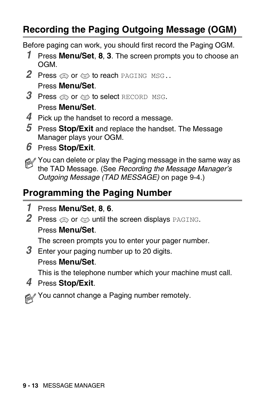 Recording the paging outgoing message (ogm), Programming the paging number | Brother FAX-T94 User Manual | Page 122 / 166