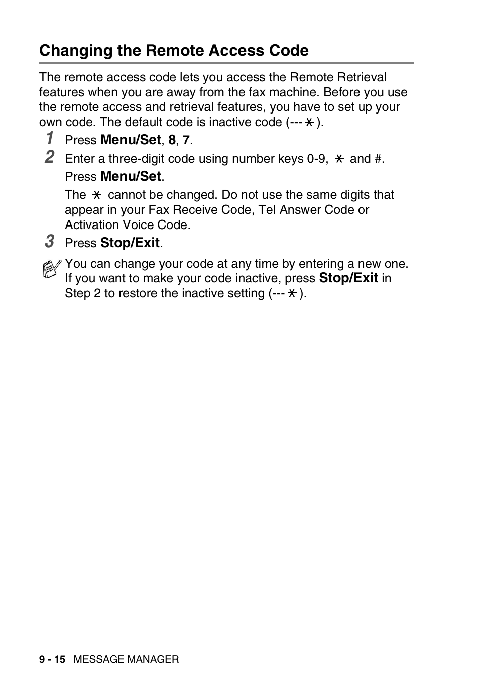 Changing the remote access code, Changing the remote access code -15 | Brother FAX-T94 User Manual | Page 124 / 166