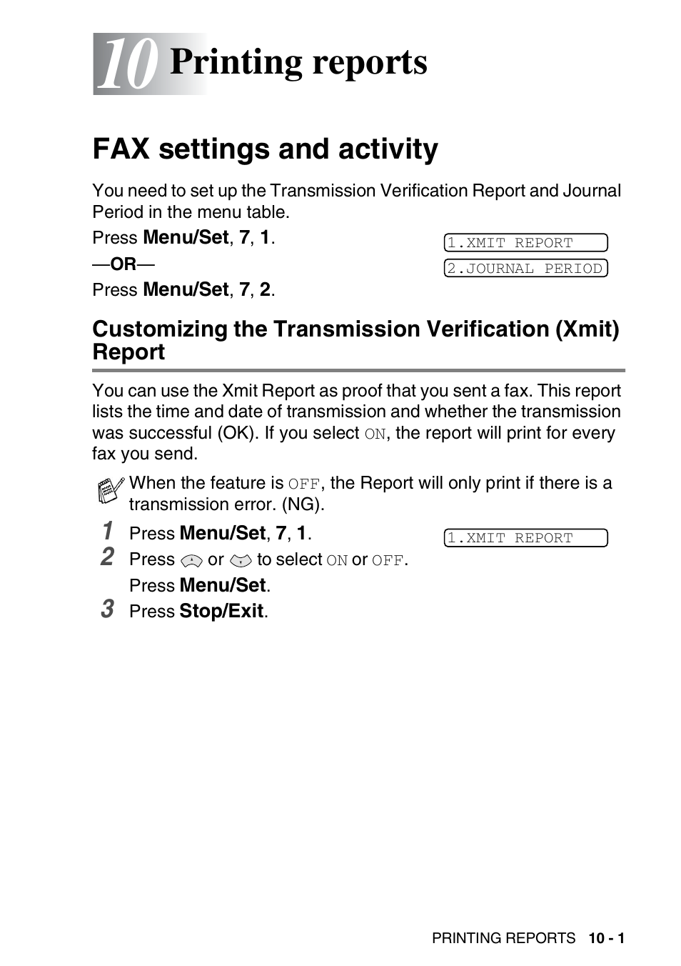 10 printing reports, Fax settings and activity, Printing reports -1 | Fax settings and activity -1, Customizing the transmission verification (xmit), Report -1, Printing reports | Brother FAX-T94 User Manual | Page 129 / 166