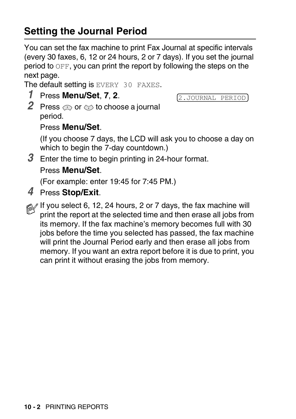 Setting the journal period, Setting the journal period -2 | Brother FAX-T94 User Manual | Page 130 / 166