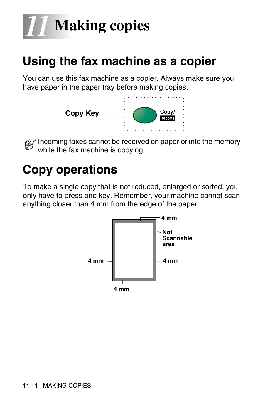 11 making copies, Using the fax machine as a copier, Copy operations | Making copies -1, Making copies | Brother FAX-T94 User Manual | Page 132 / 166