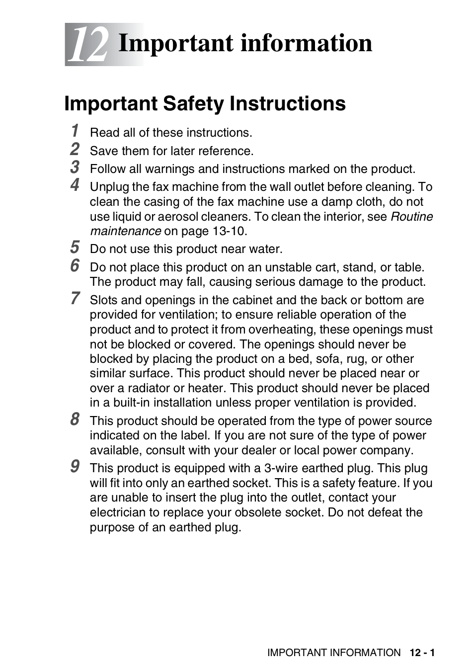 12 important information, Important safety instructions, Important information -1 | Important safety instructions -1, Important information | Brother FAX-T94 User Manual | Page 135 / 166