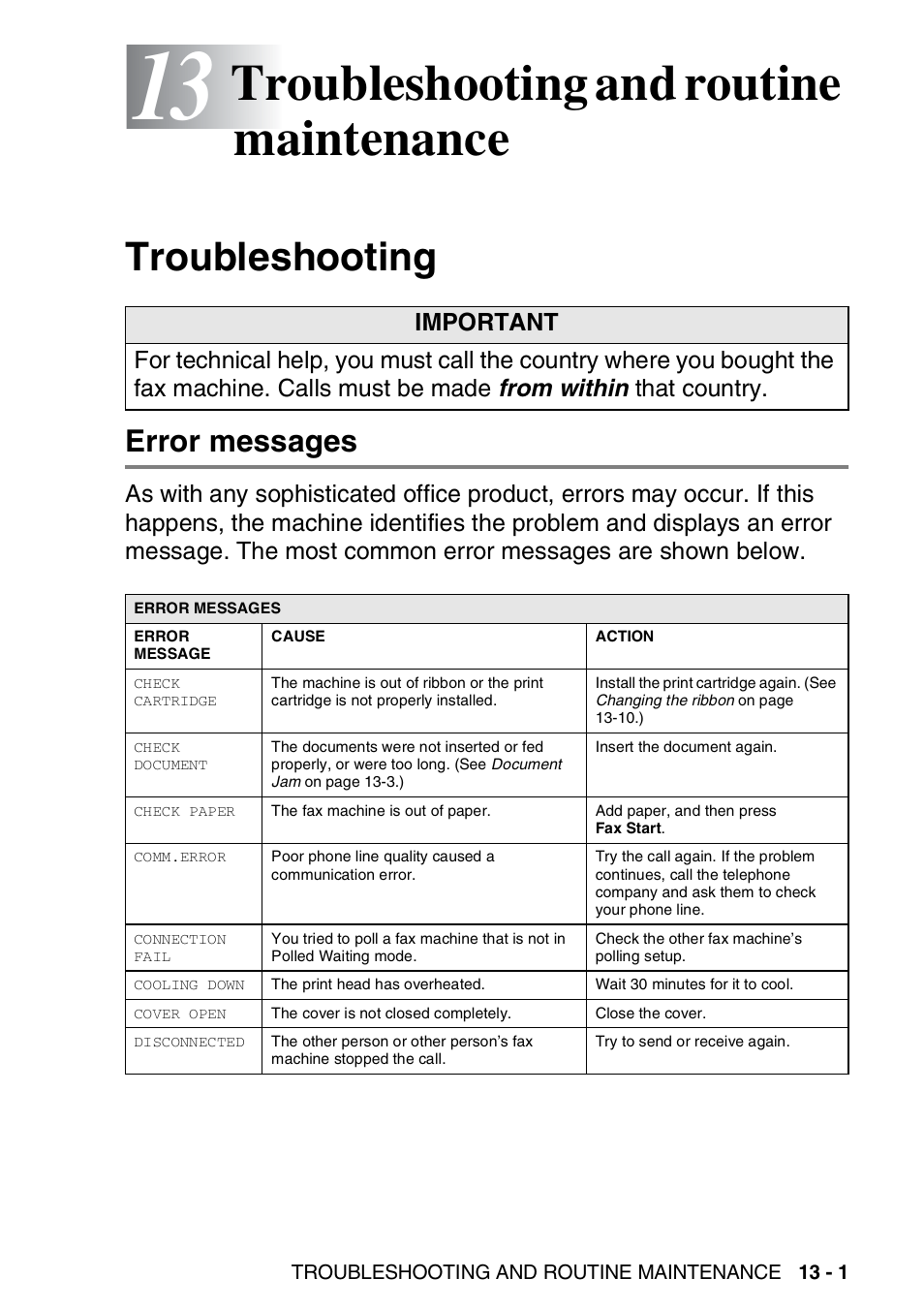 13 troubleshooting and routine maintenance, Troubleshooting, Error messages | Troubleshooting and routine maintenance -1, Troubleshooting -1, Error messages -1, Troubleshooting and routine maintenance | Brother FAX-T94 User Manual | Page 139 / 166