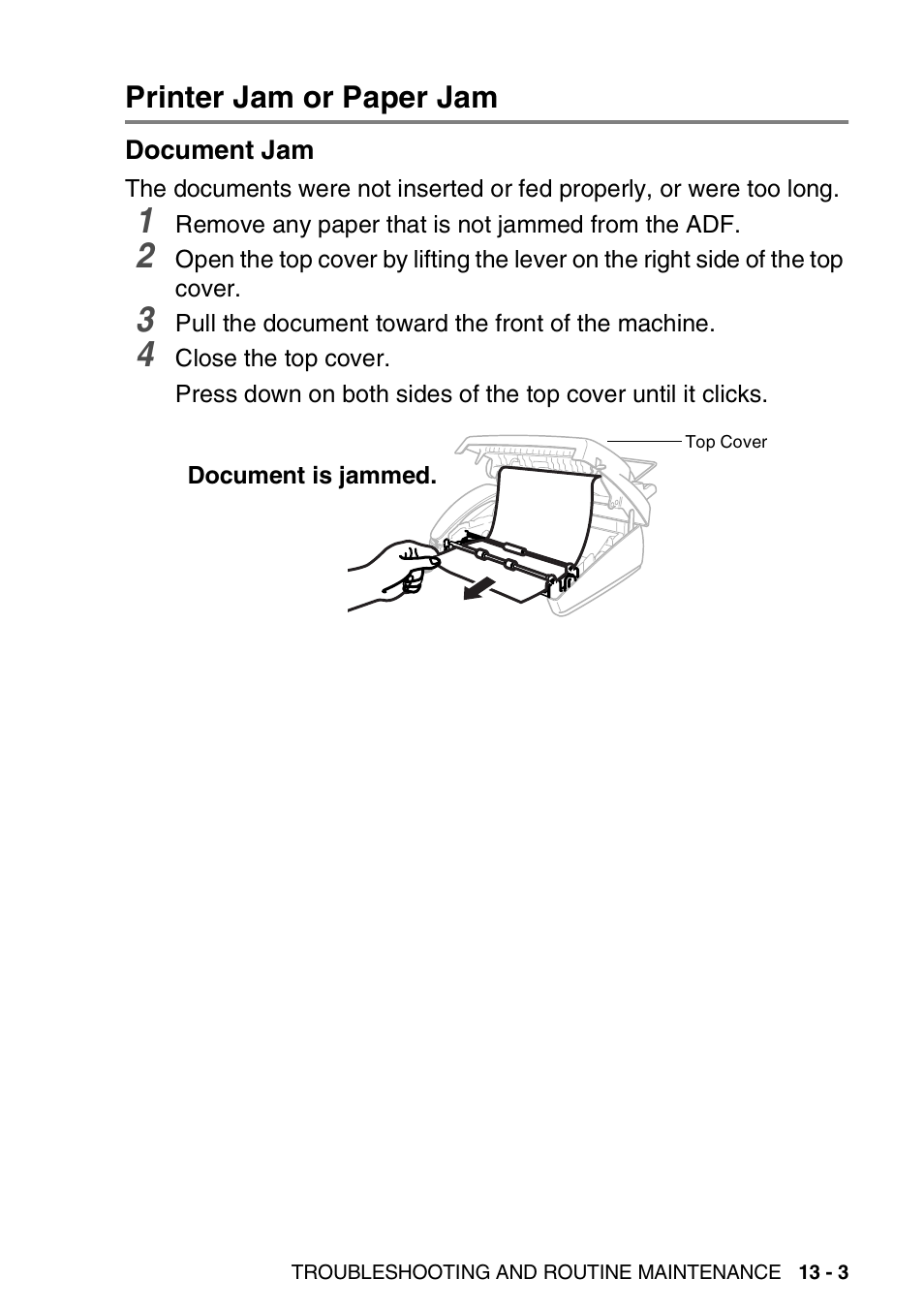 Printer jam or paper jam, Document jam, Printer jam or paper jam -3 | Document jam -3 | Brother FAX-T94 User Manual | Page 141 / 166