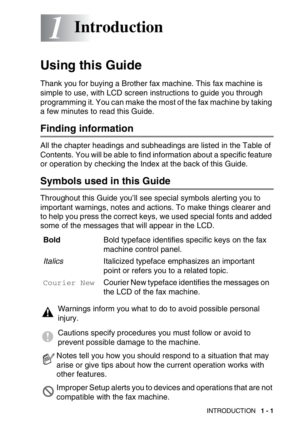 1 introduction, Using this guide, Finding information | Symbols used in this guide, Introduction -1, Using this guide -1, Introduction | Brother FAX-T94 User Manual | Page 15 / 166