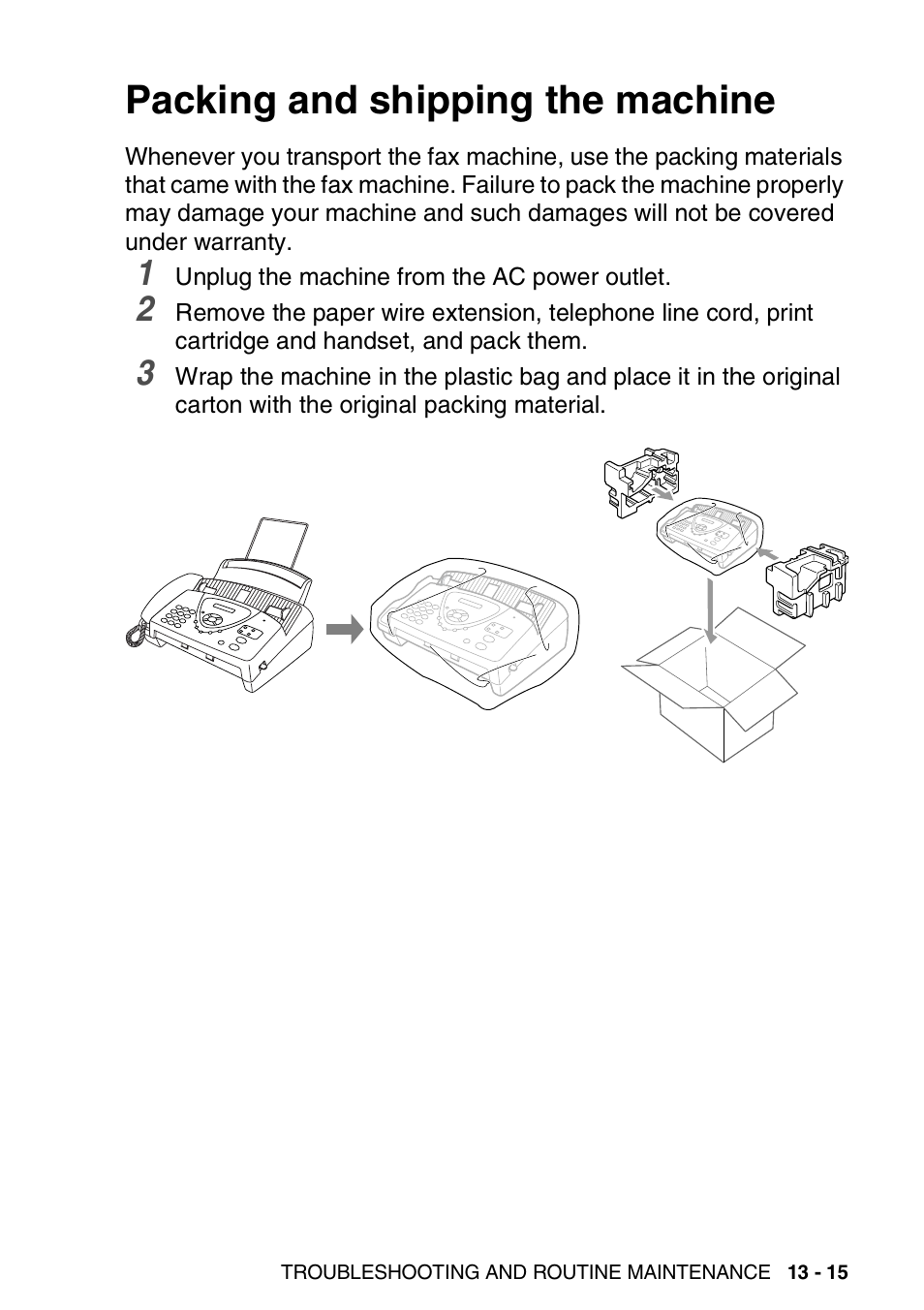 Packing and shipping the machine, Packing and shipping the machine -15 | Brother FAX-T94 User Manual | Page 153 / 166