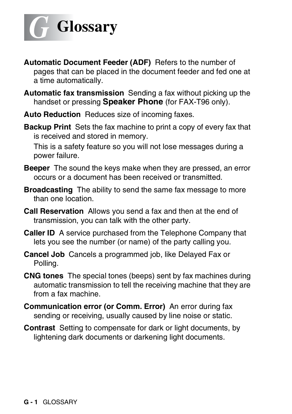 Glossary | Brother FAX-T94 User Manual | Page 154 / 166