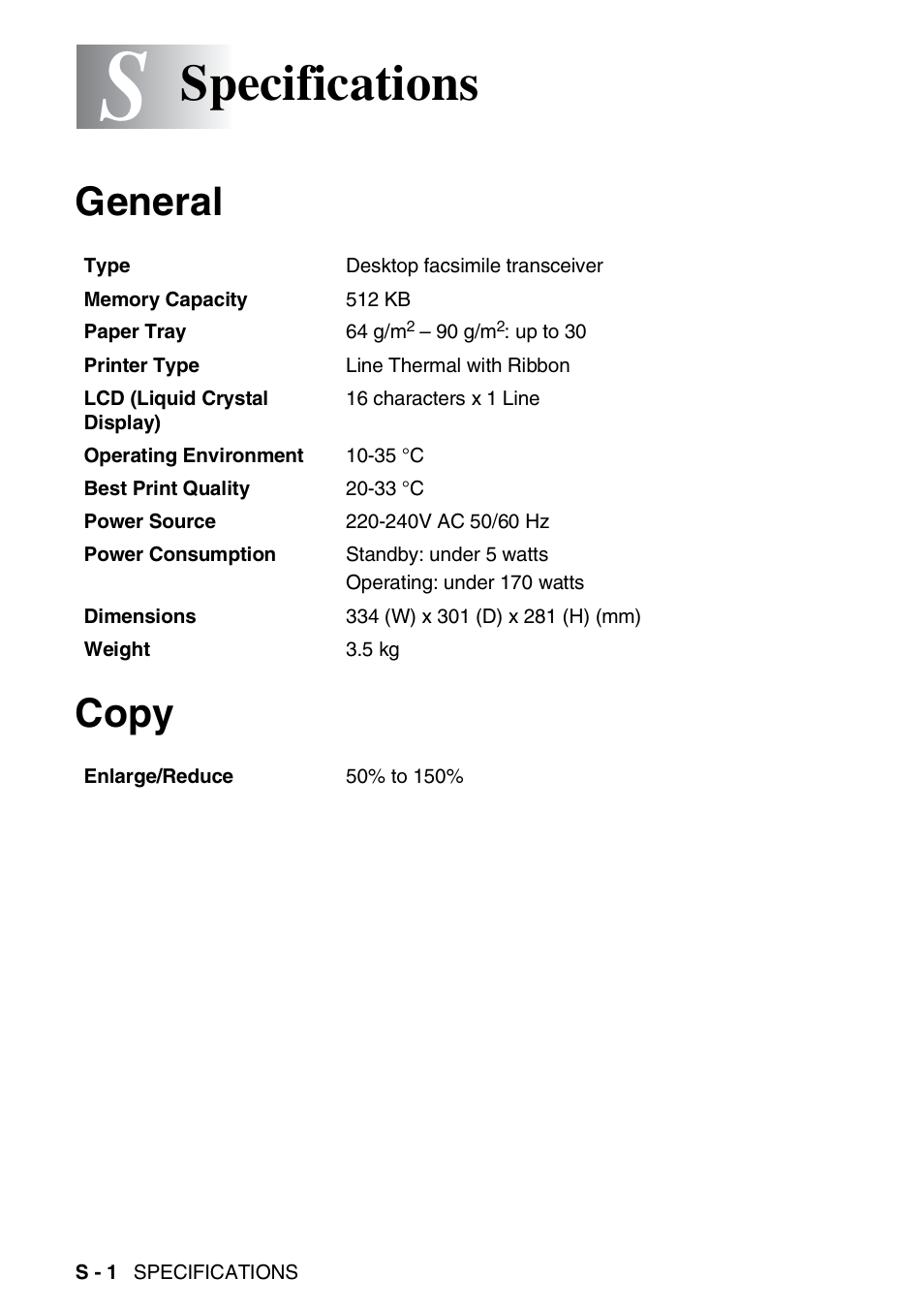 Specifications, General, Copy | General copy | Brother FAX-T94 User Manual | Page 158 / 166