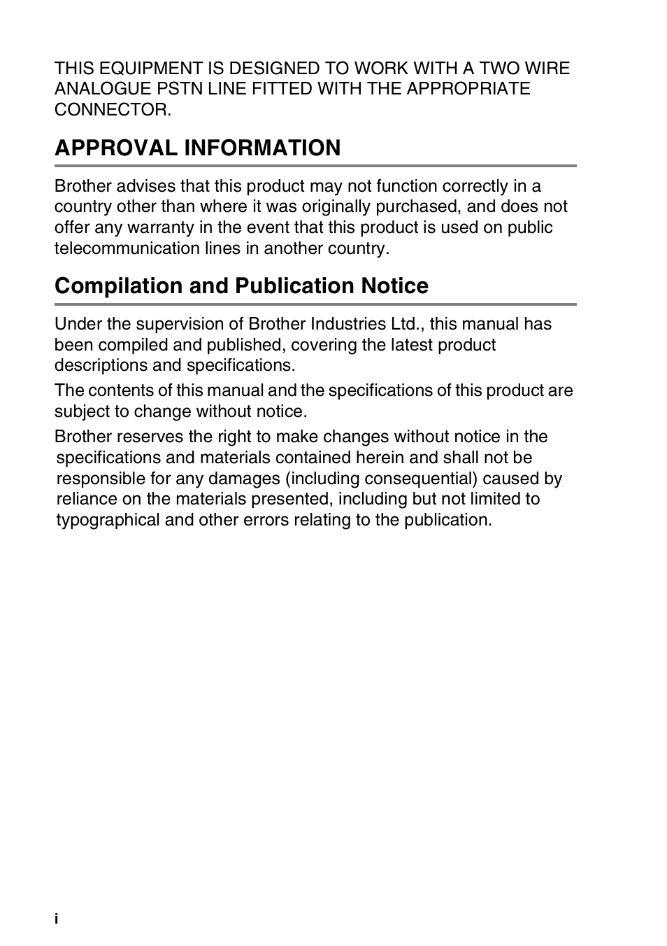 Approval information, Compilation and publication notice | Brother FAX-T94 User Manual | Page 2 / 166