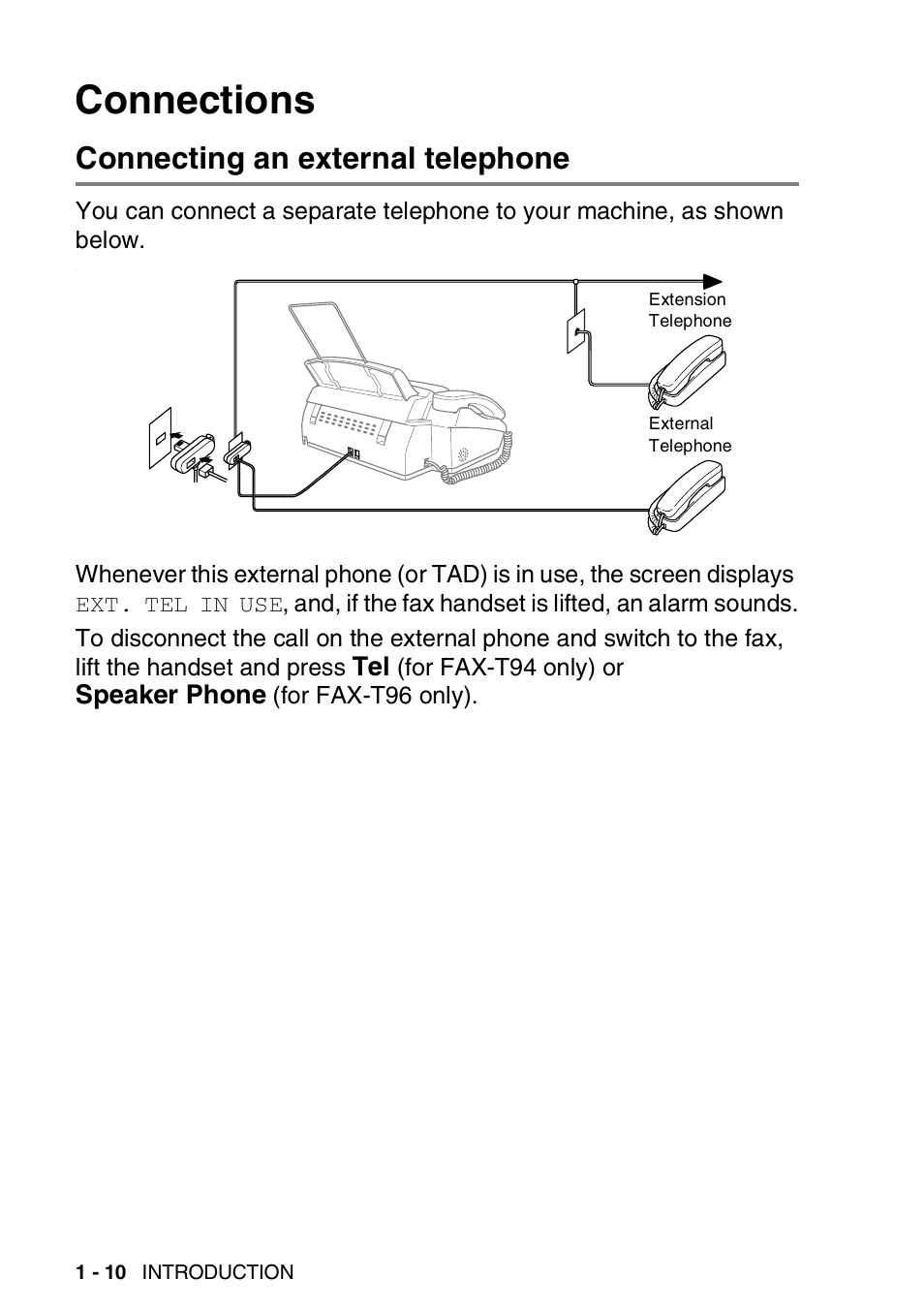 Connections, Connecting an external telephone, Connections -10 | Connecting an external telephone -10 | Brother FAX-T94 User Manual | Page 24 / 166