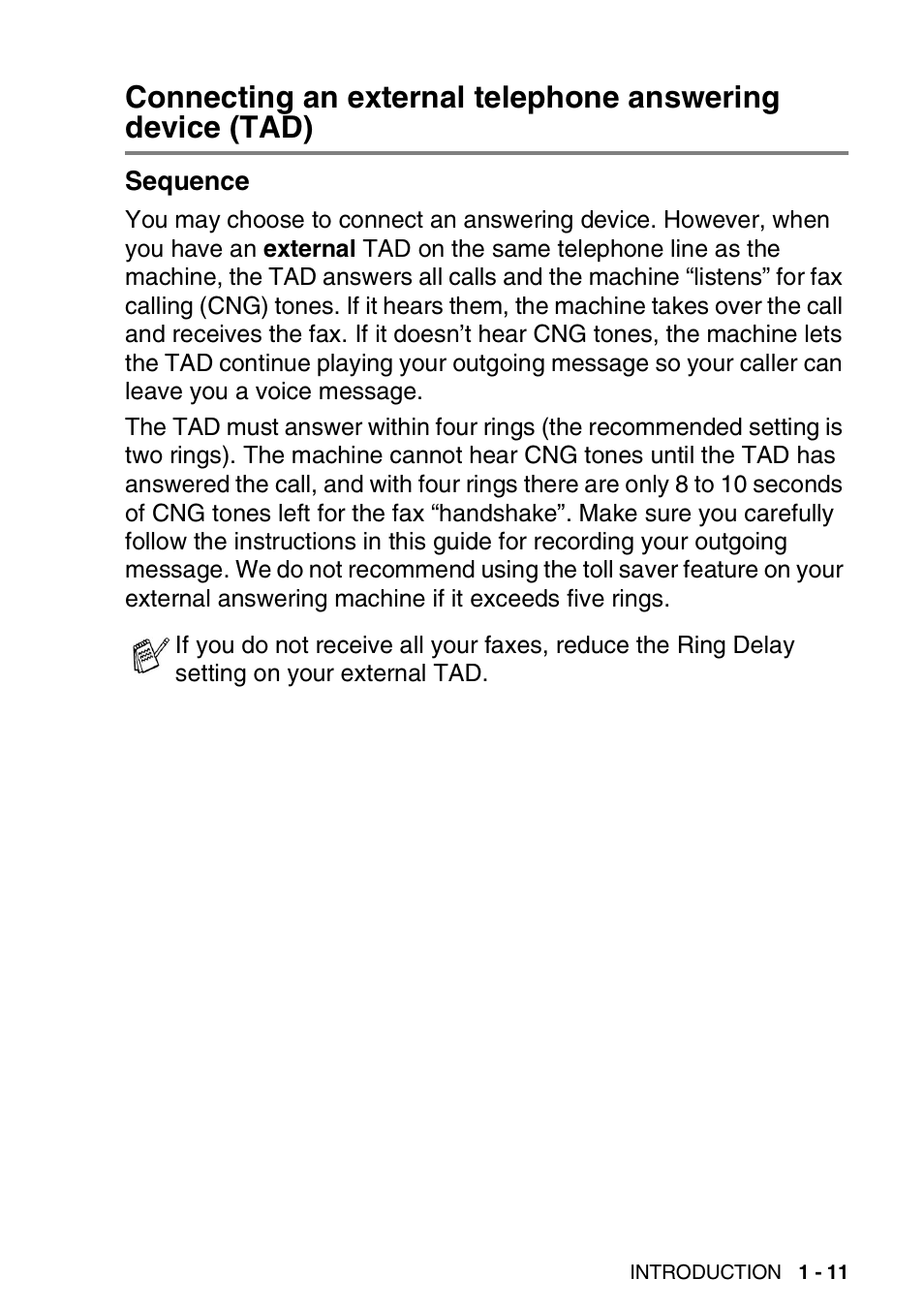 Sequence, Connecting an external telephone answering, Device (tad) -11 sequence -11 | Brother FAX-T94 User Manual | Page 25 / 166