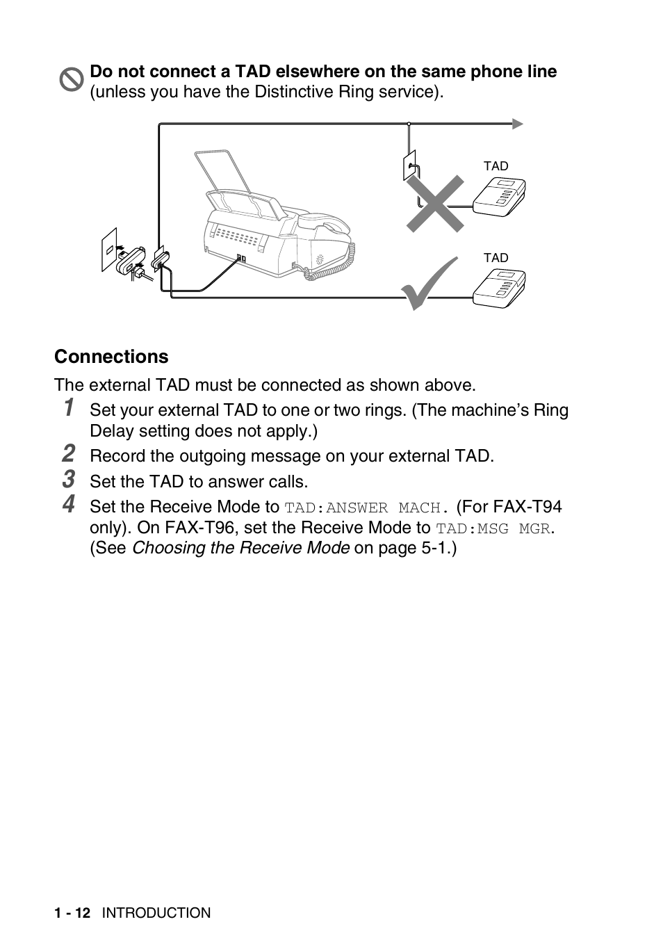 Connections, Connections -12 | Brother FAX-T94 User Manual | Page 26 / 166