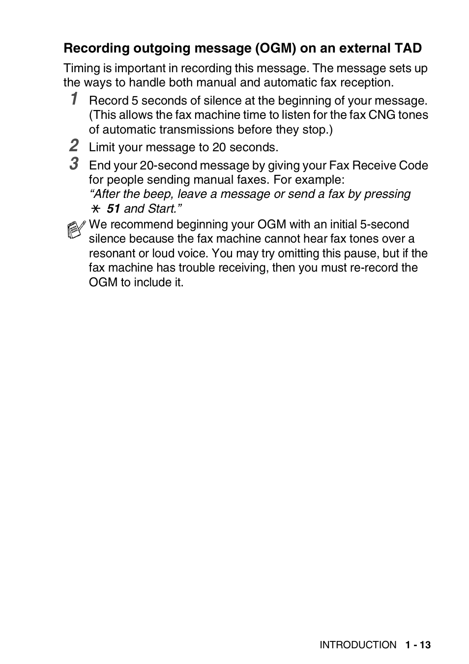 Recording outgoing message (ogm) on, An external tad -13 | Brother FAX-T94 User Manual | Page 27 / 166