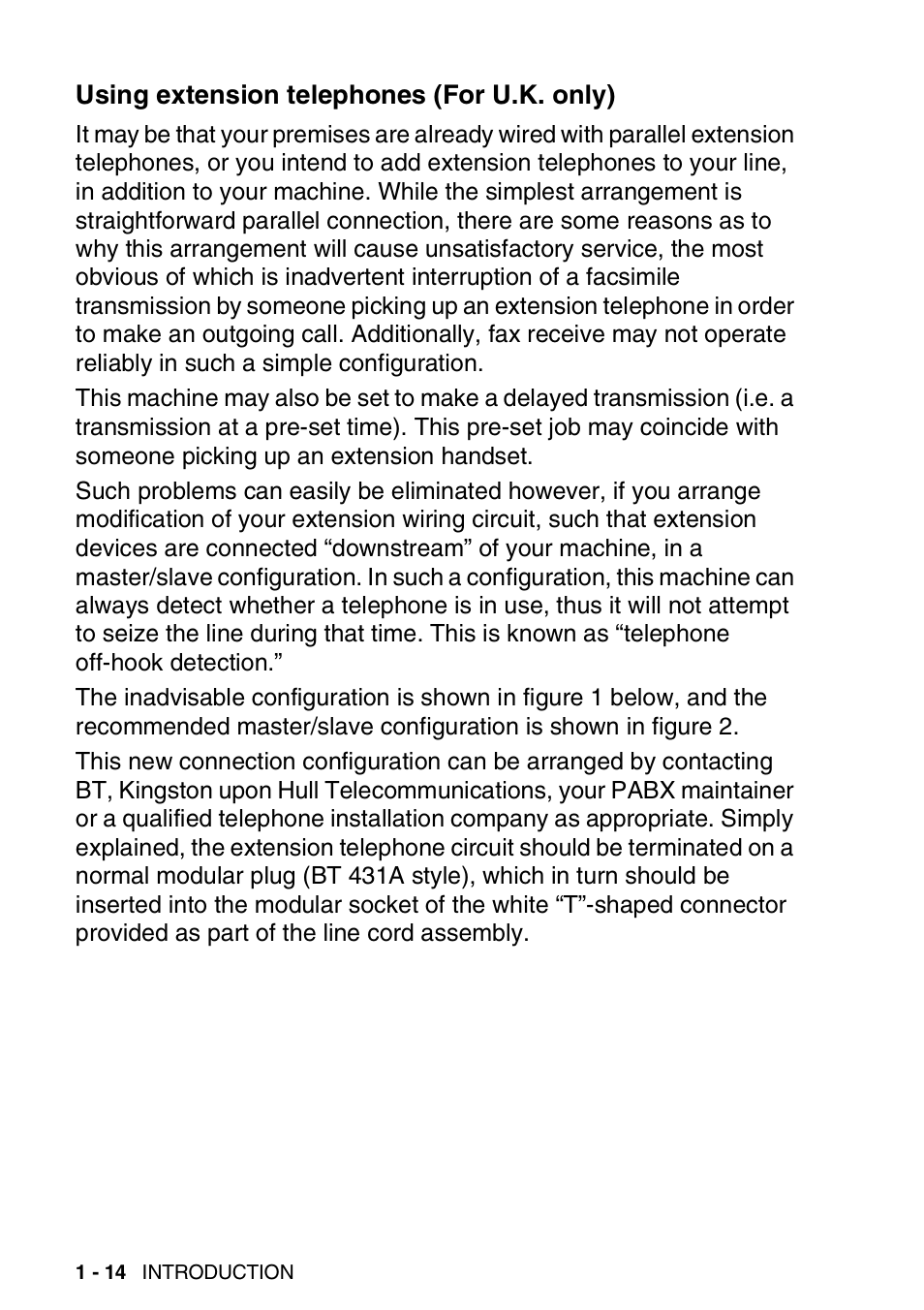 Using extension telephones (for u.k. only), Using extension telephones (for u.k. only) -14 | Brother FAX-T94 User Manual | Page 28 / 166