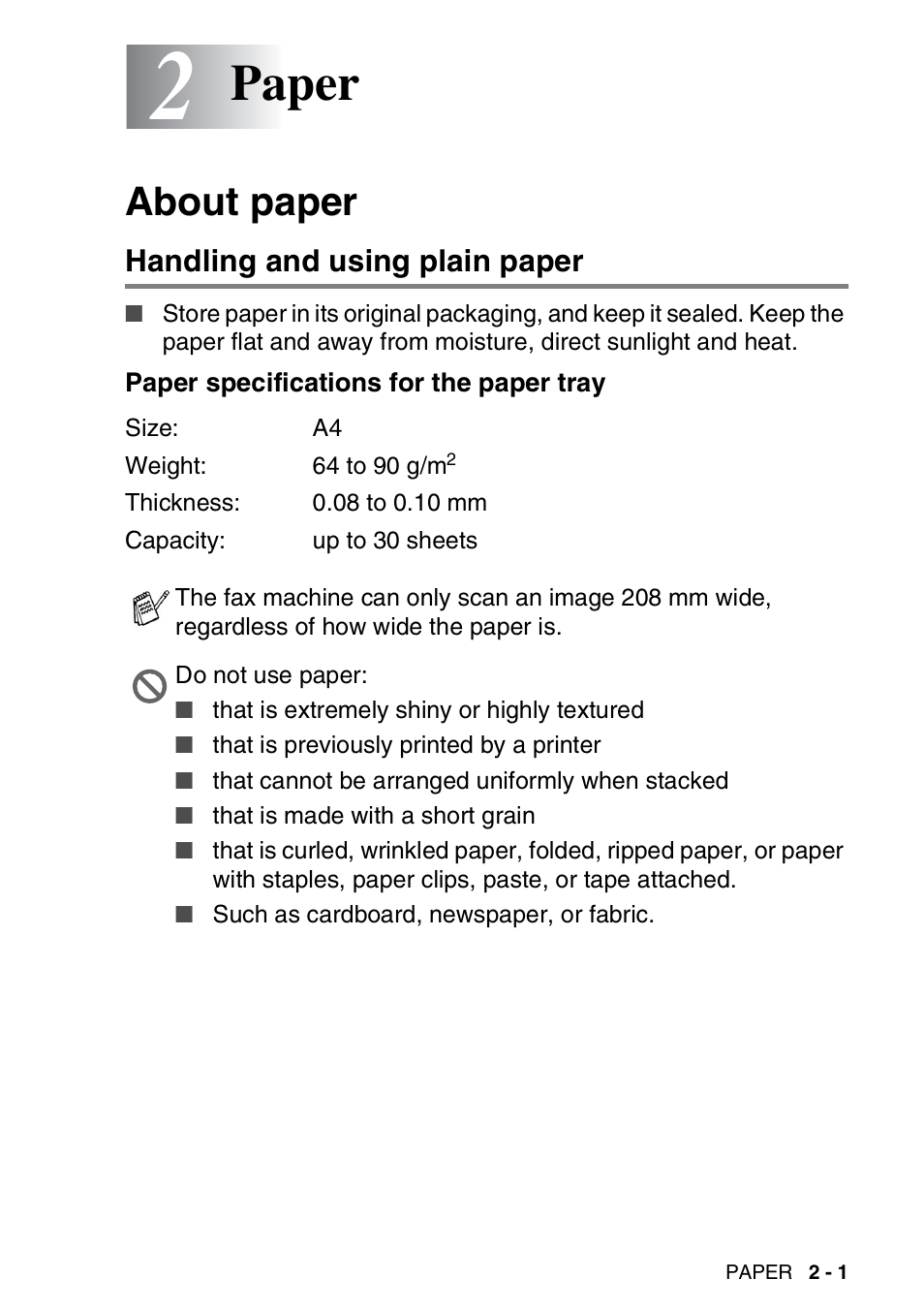 2 paper, About paper, Handling and using plain paper | Paper specifications for the paper tray, Paper -1, About paper -1, Handling and using plain paper -1, Paper specifications for the paper tray -1, Paper | Brother FAX-T94 User Manual | Page 31 / 166