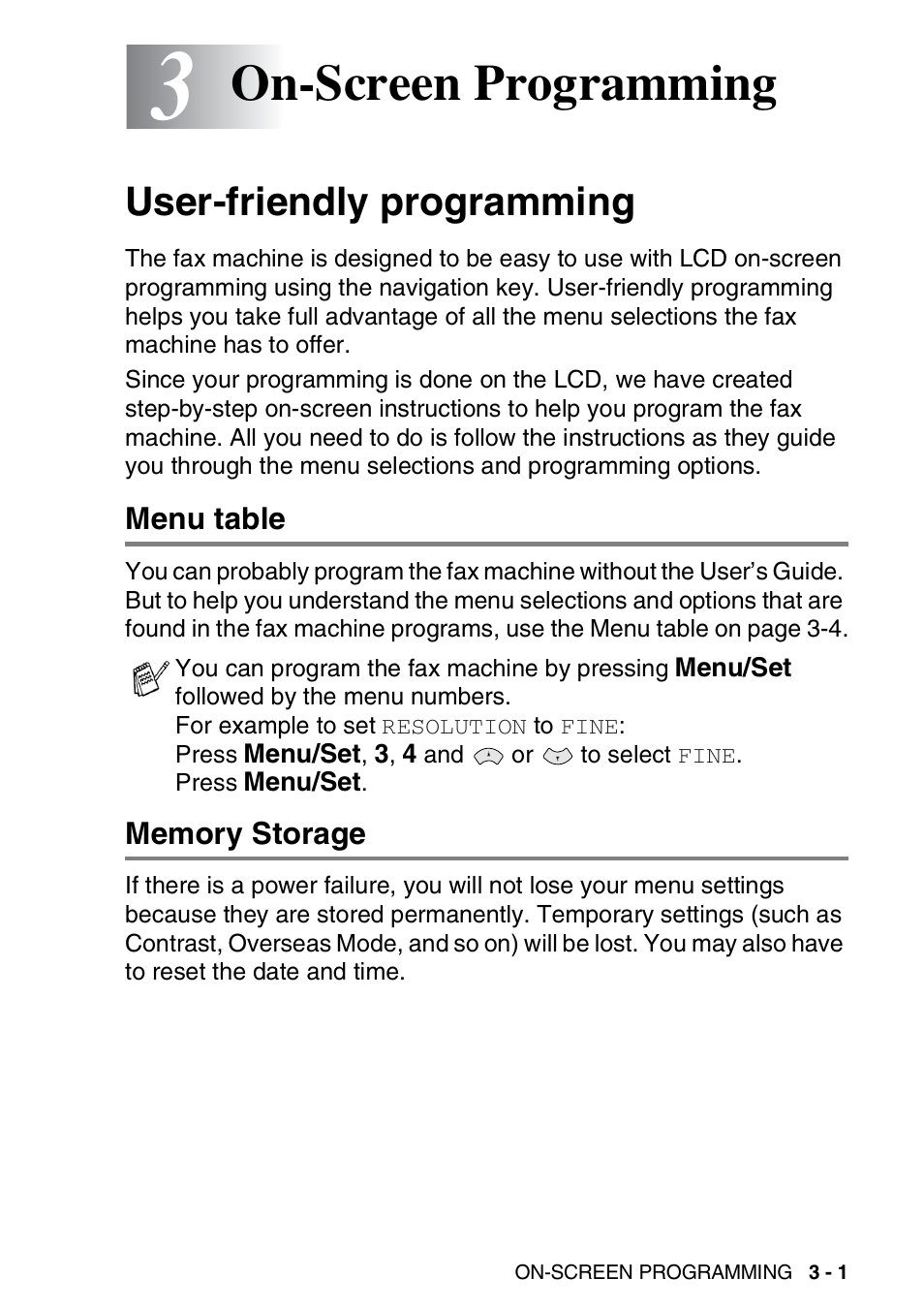 3 on-screen programming, User-friendly programming, Menu table | Memory storage, On-screen programming -1, User-friendly programming -1, Menu table -1 memory storage -1, On-screen programming | Brother FAX-T94 User Manual | Page 33 / 166