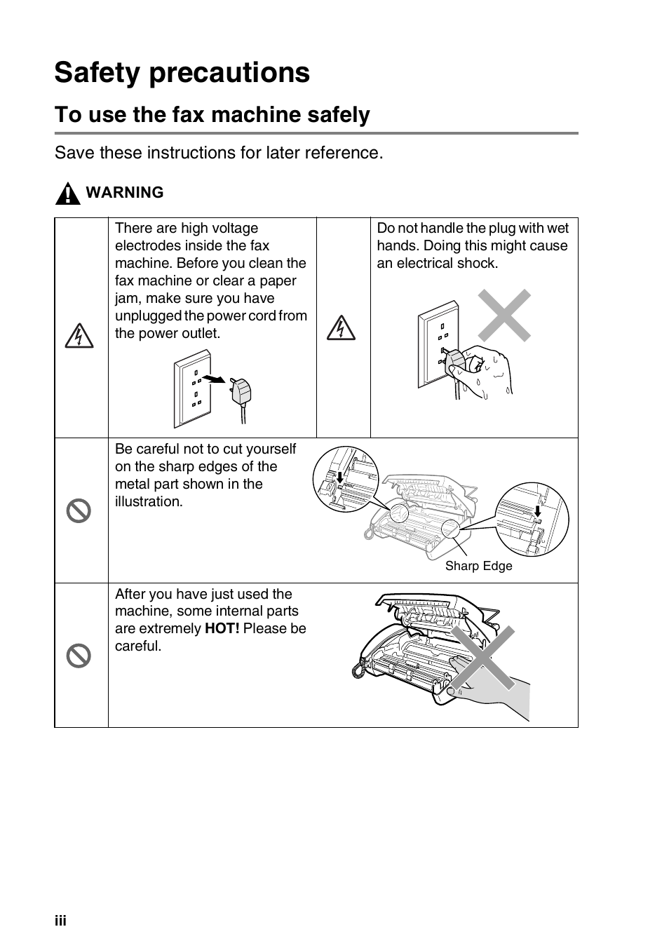 Safety precautions, To use the fax machine safely | Brother FAX-T94 User Manual | Page 4 / 166