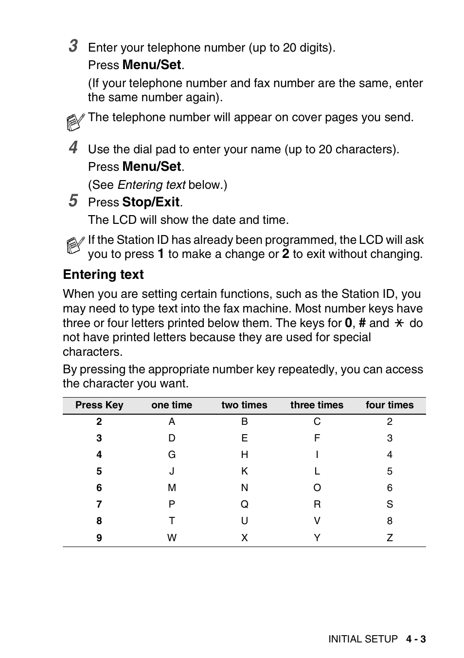 Entering text, Entering text -3, Menu/set | Stop/exit | Brother FAX-T94 User Manual | Page 43 / 166