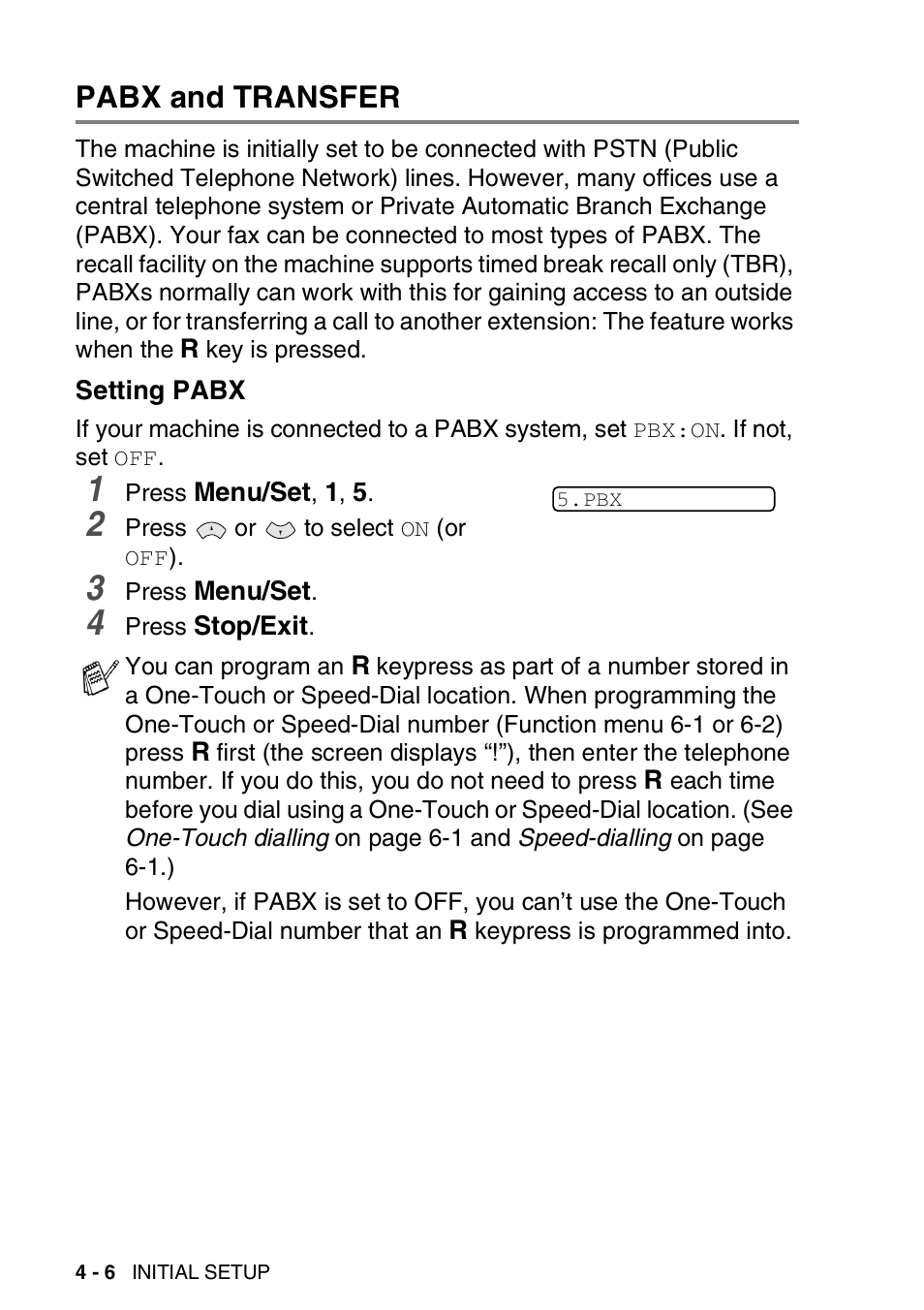 Pabx and transfer, Setting pabx, Pabx and transfer -6 | Setting pabx -6 | Brother FAX-T94 User Manual | Page 46 / 166